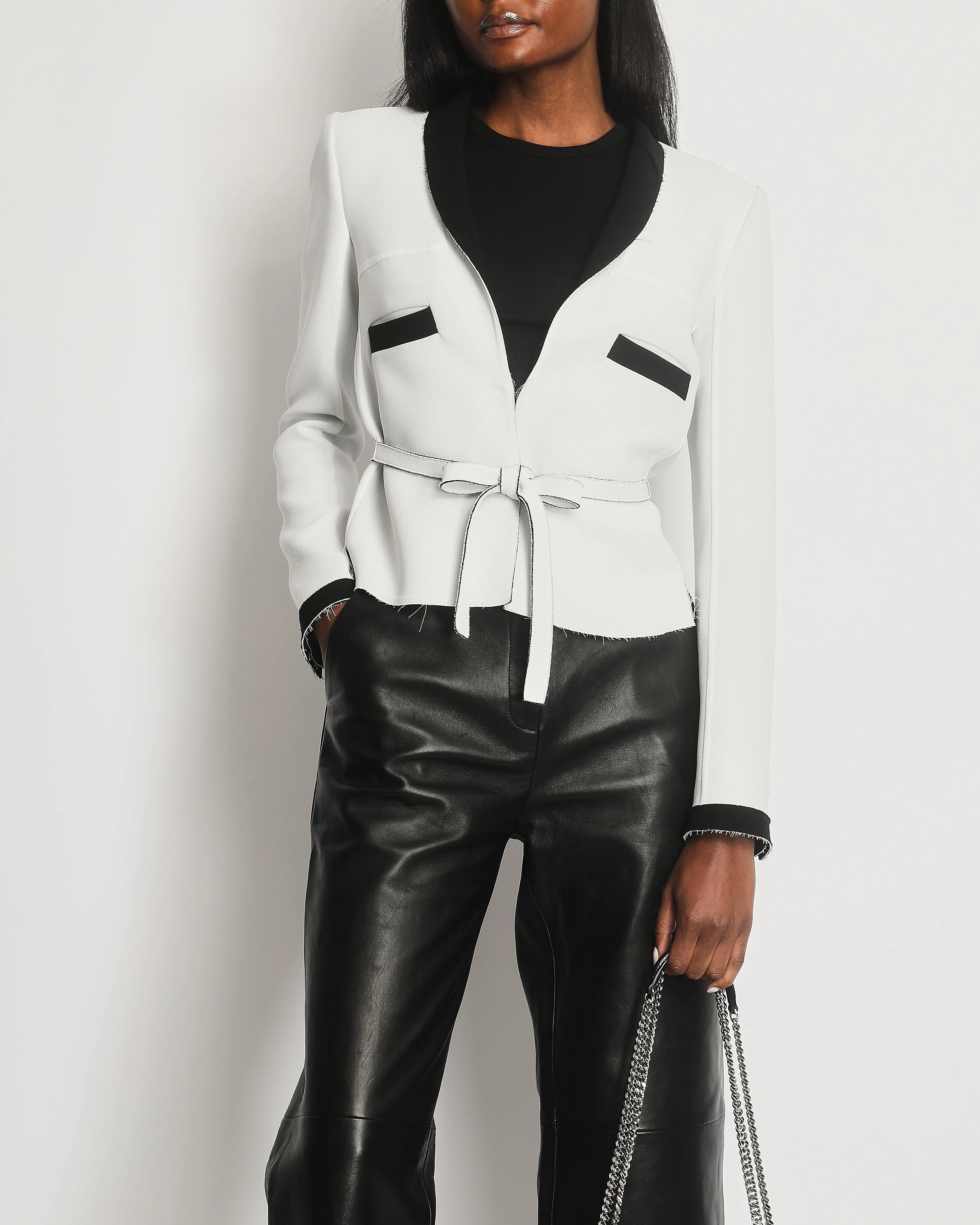 Chanel Light Grey And Black Belted Blazer Jacket With Cc Logo Buttons Size Fr 36 (uk 8)