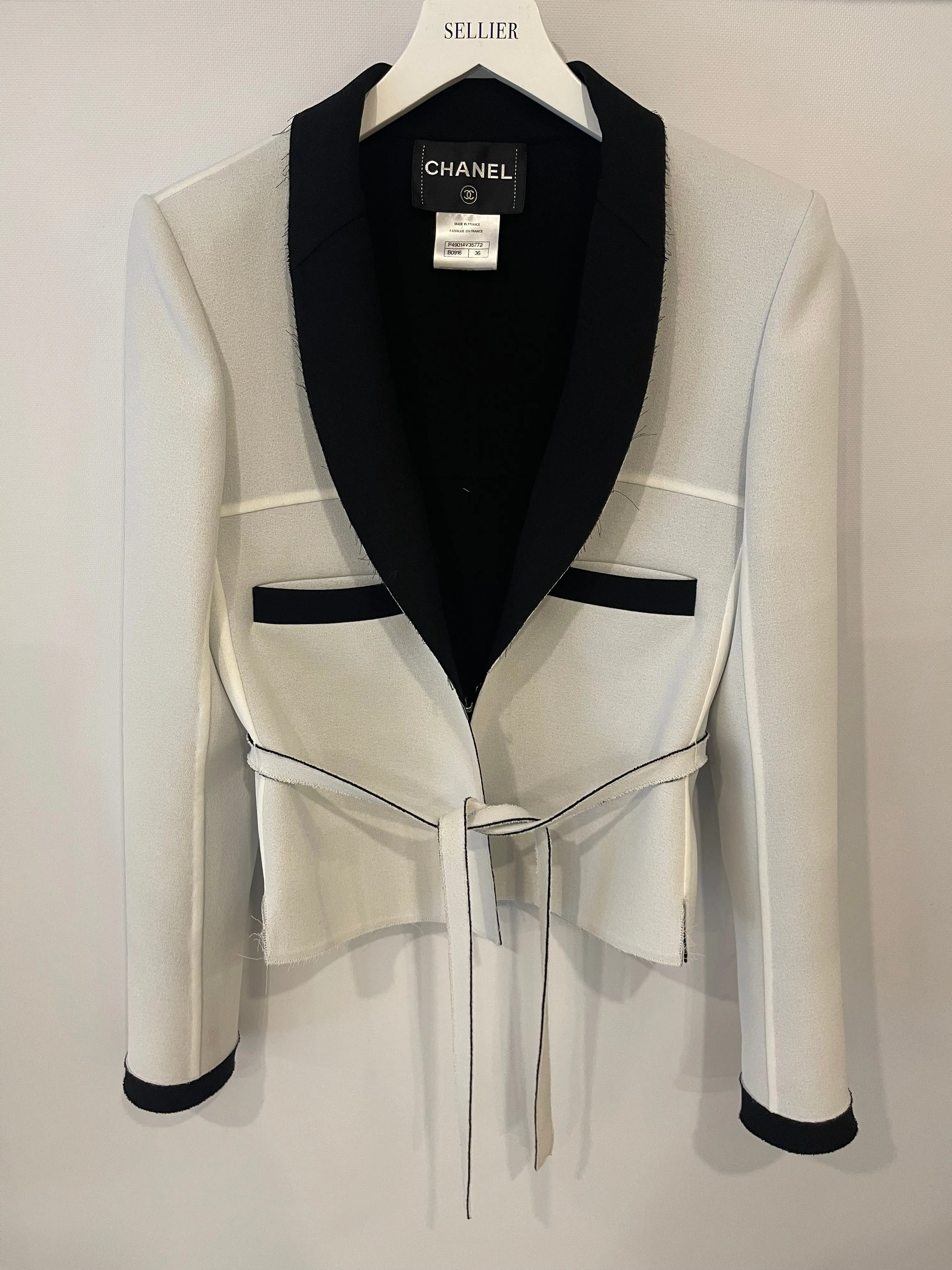 Chanel Light Grey And Black Belted Blazer Jacket With Cc Logo Buttons Size Fr 36 (uk 8)