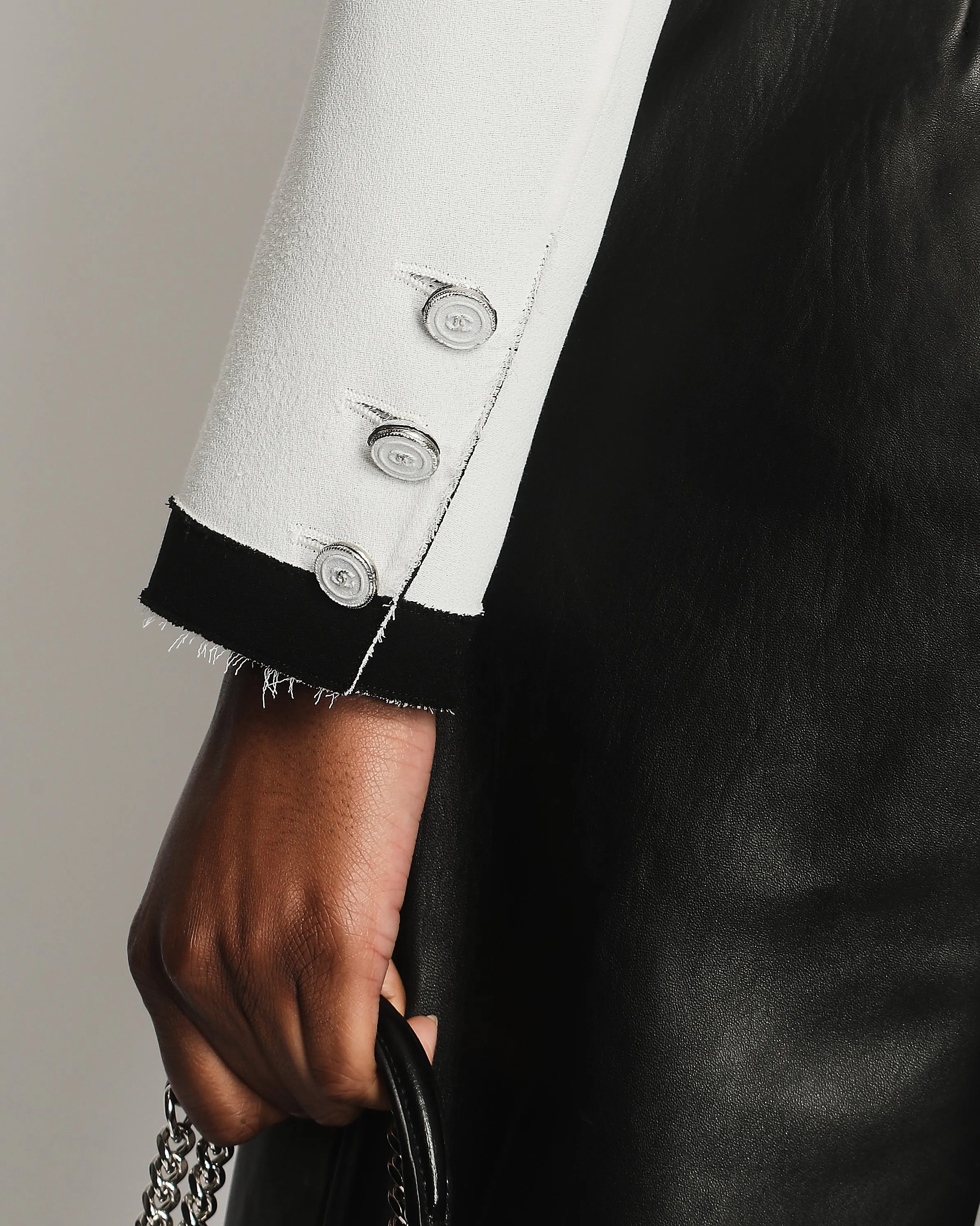 Chanel Light Grey And Black Belted Blazer Jacket With Cc Logo Buttons Size Fr 36 (uk 8)