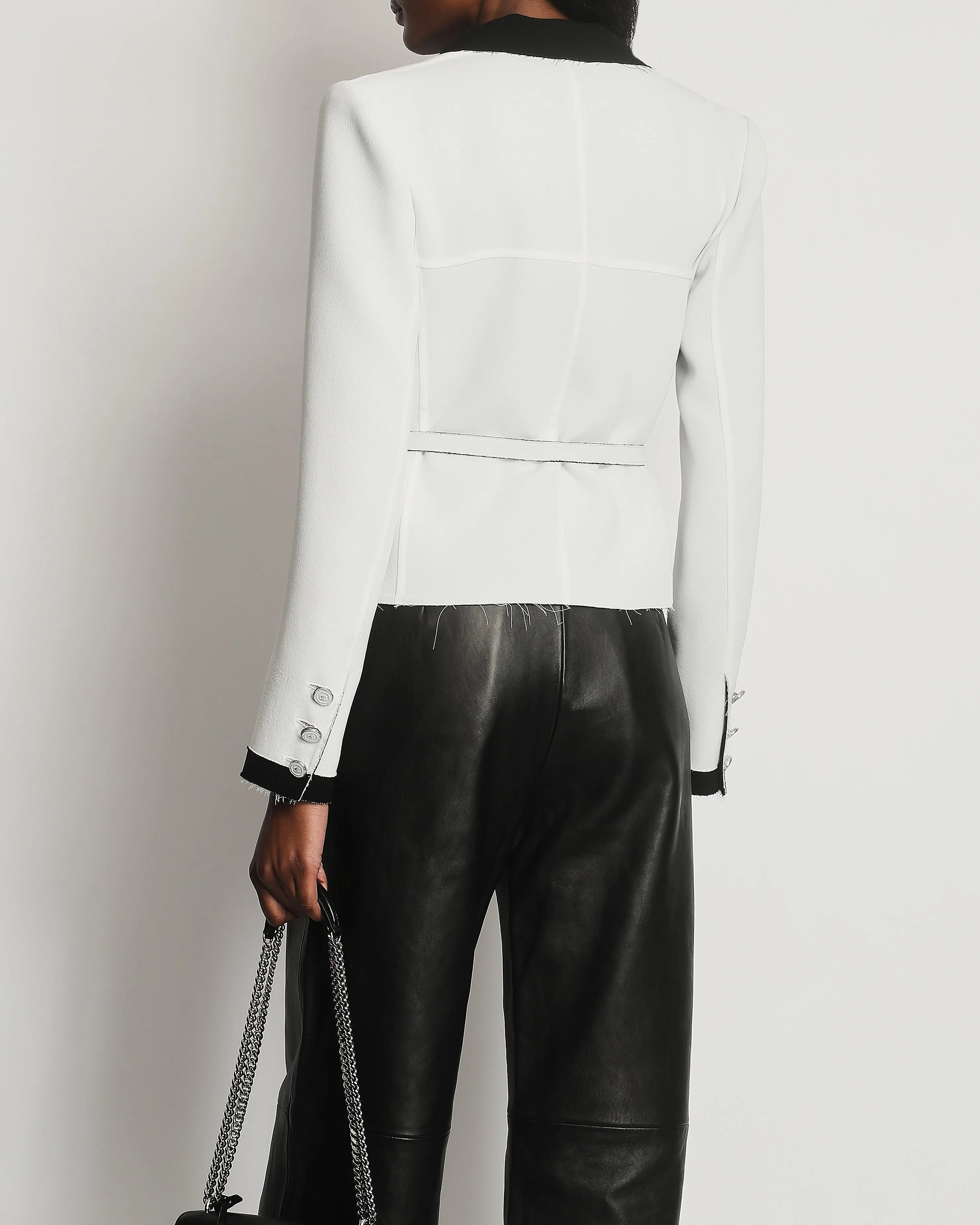 Chanel Light Grey And Black Belted Blazer Jacket With Cc Logo Buttons Size Fr 36 (uk 8)