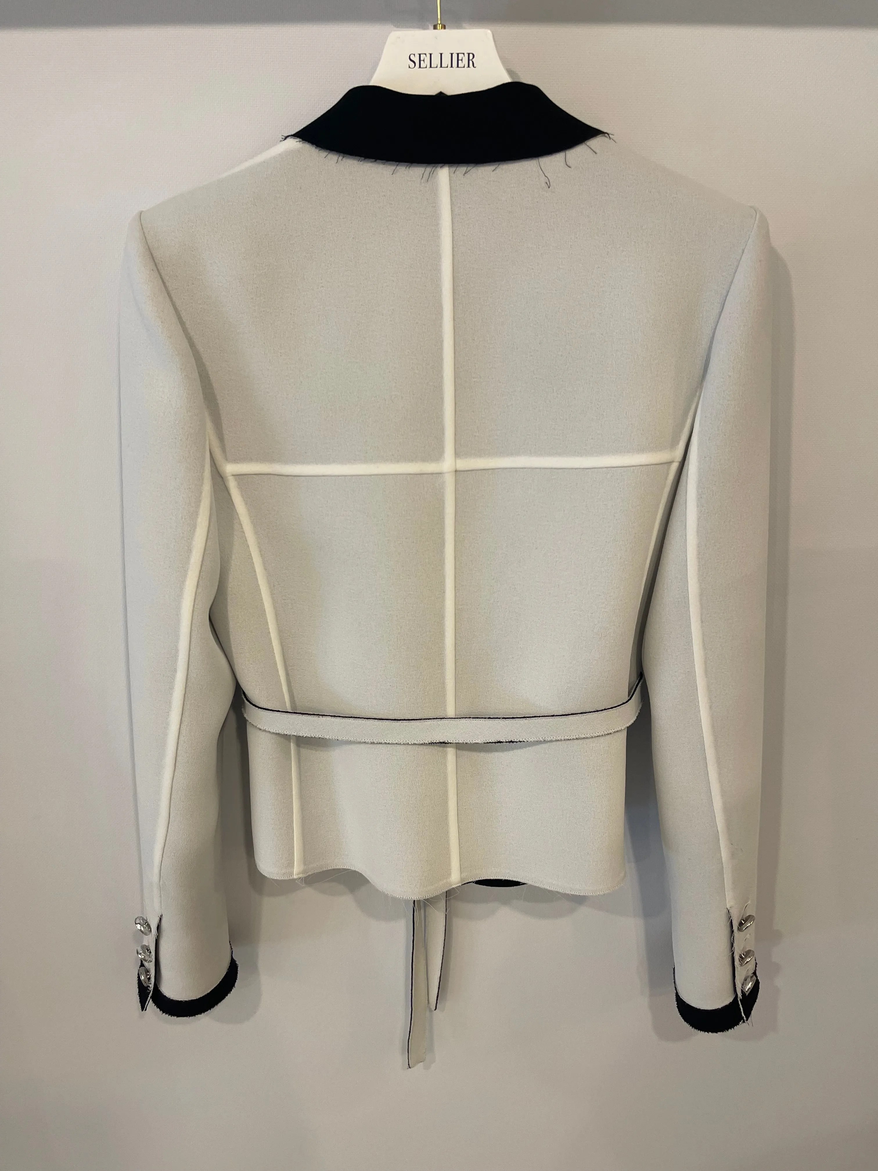 Chanel Light Grey And Black Belted Blazer Jacket With Cc Logo Buttons Size Fr 36 (uk 8)