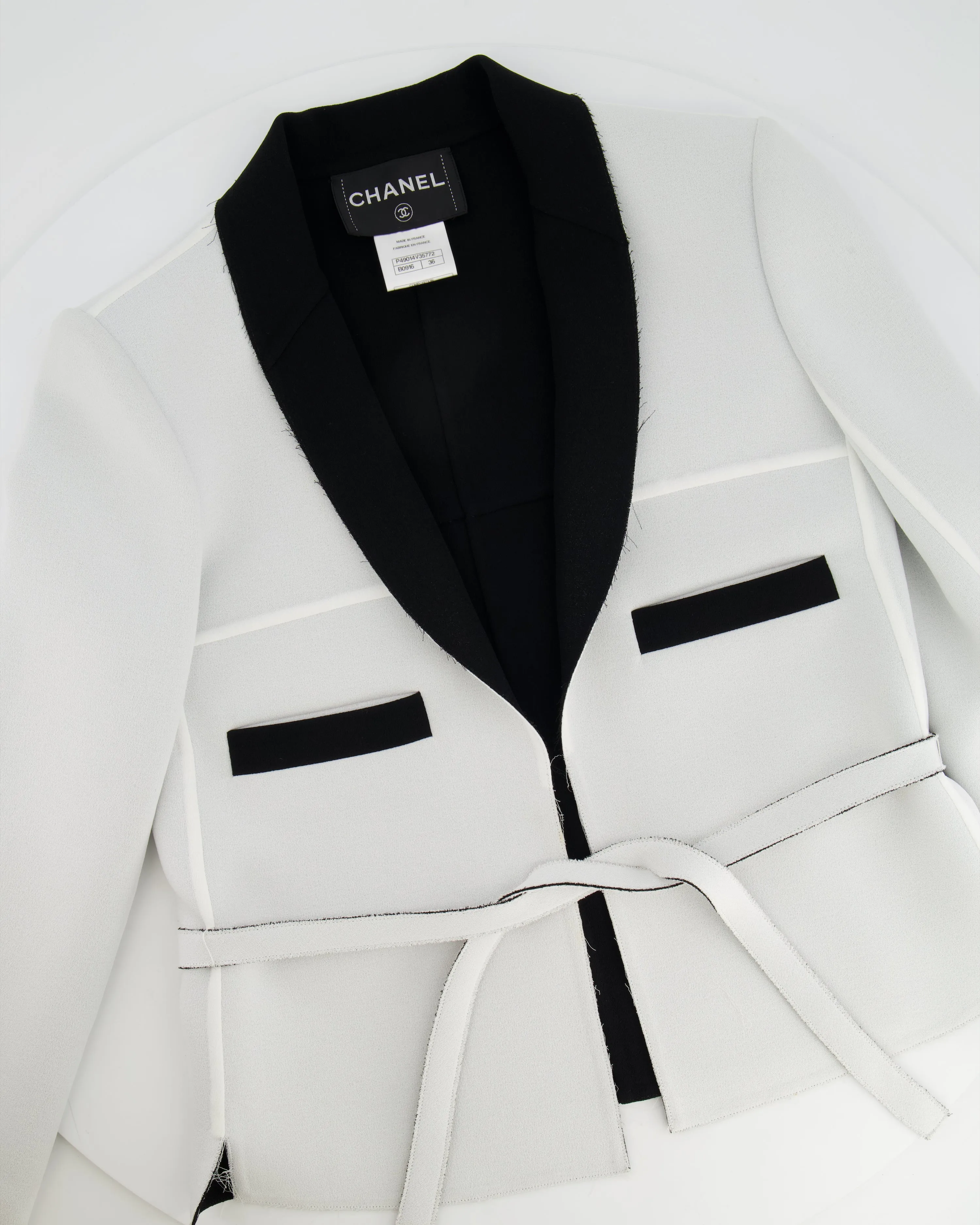 Chanel Light Grey And Black Belted Blazer Jacket With Cc Logo Buttons Size Fr 36 (uk 8)