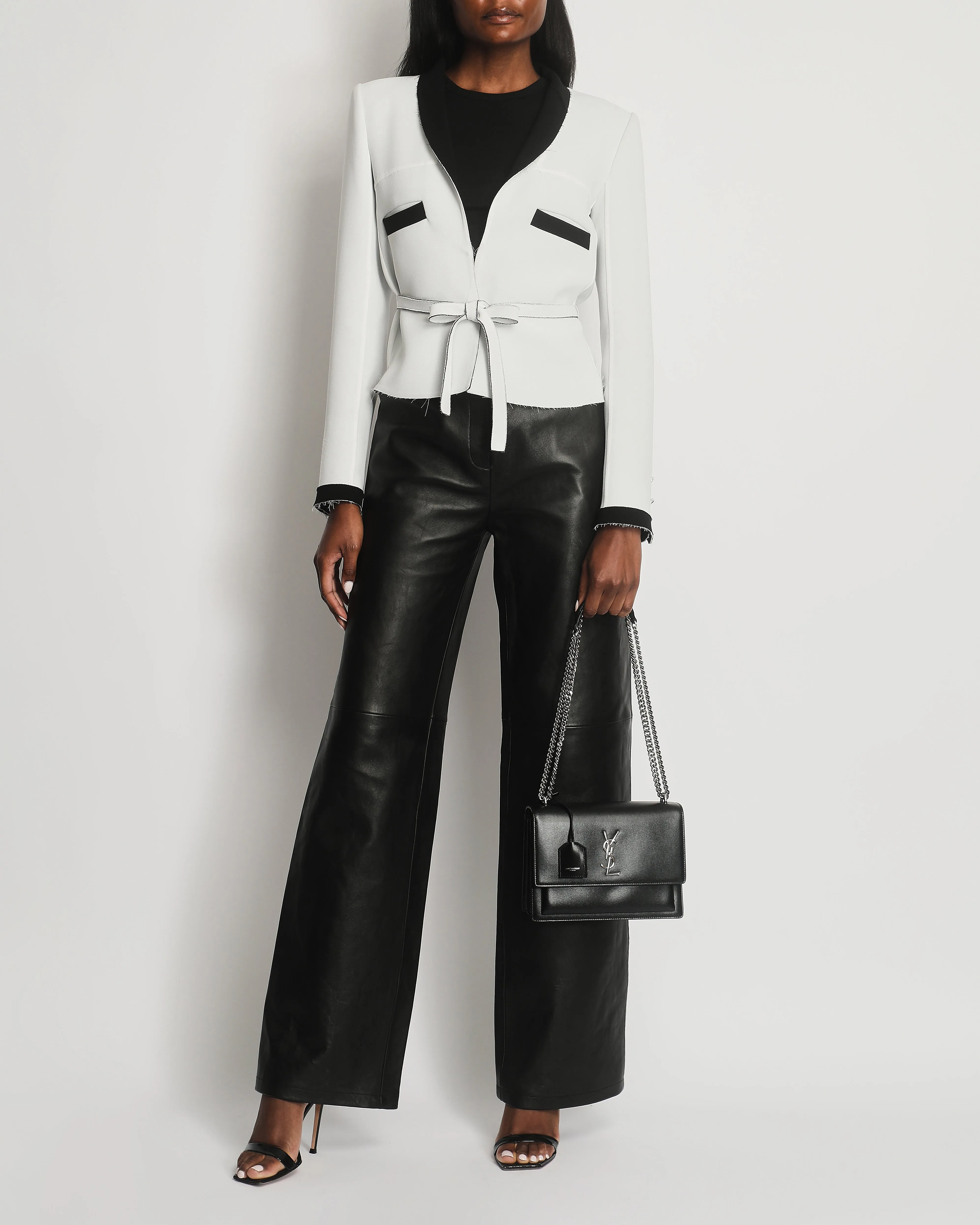 Chanel Light Grey And Black Belted Blazer Jacket With Cc Logo Buttons Size Fr 36 (uk 8)