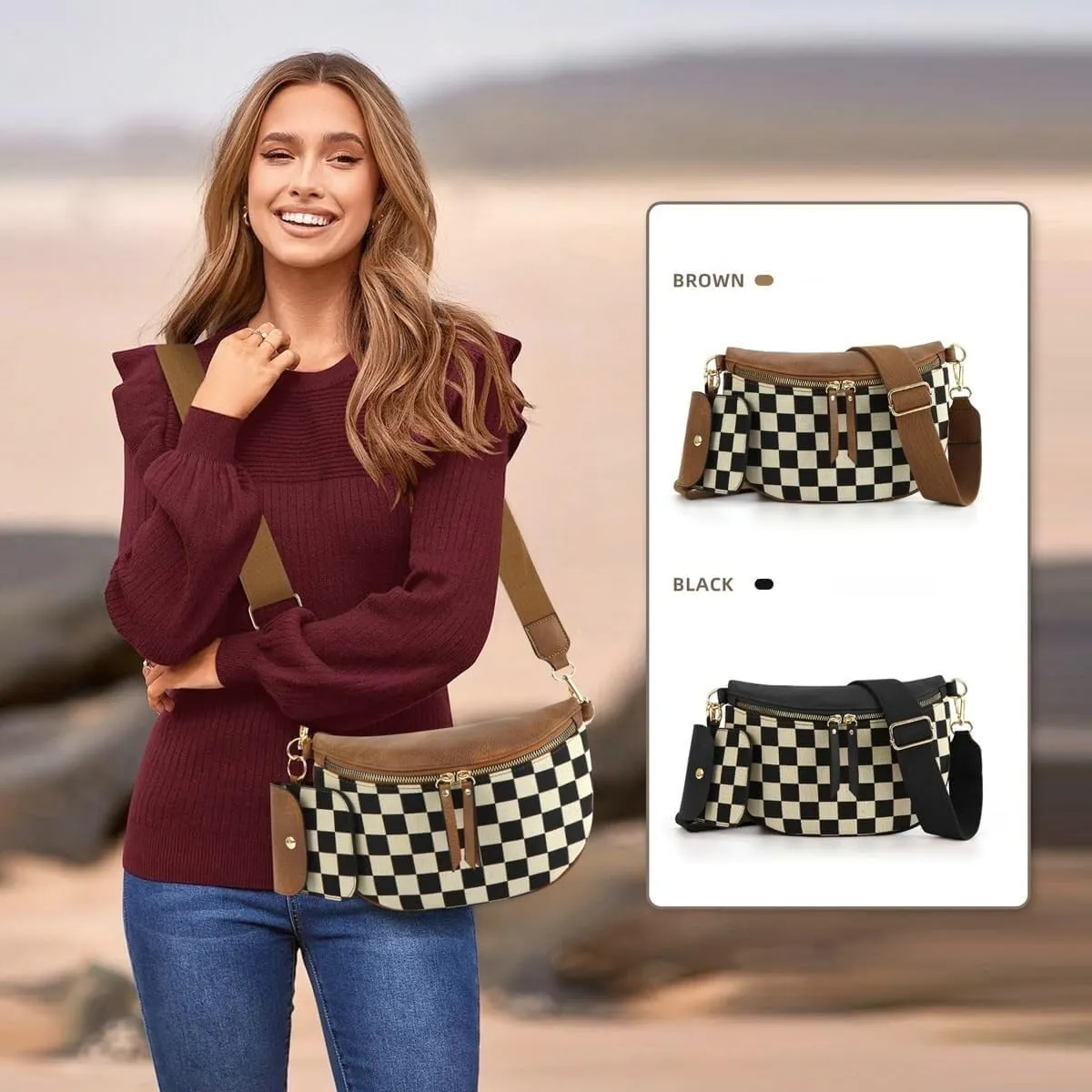 Checkered Crossbody Bags for Women Bum Bag Hobo Satchels Shoulder Wallet Purses