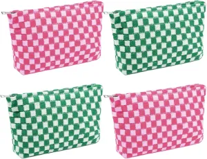 Checkered Makeup Bags 4 Piec Pink Green Large Capacity Travel Toiletry Bags Organizer Cute Cosmetic Bag for Women Aesthetic Accessories Storage Makeup Brushes Ideal for Travel