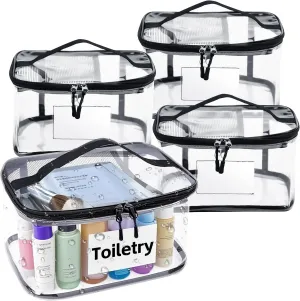 Clear Toiletry Bag, Cosmetic Bags 4 Pack with Name Tag & Zipper Carry on Airline Airport Travel Accessories, Reusable Waterproof PVC Makeup Bags for Travel, Clear Bags for Women and Men-Black