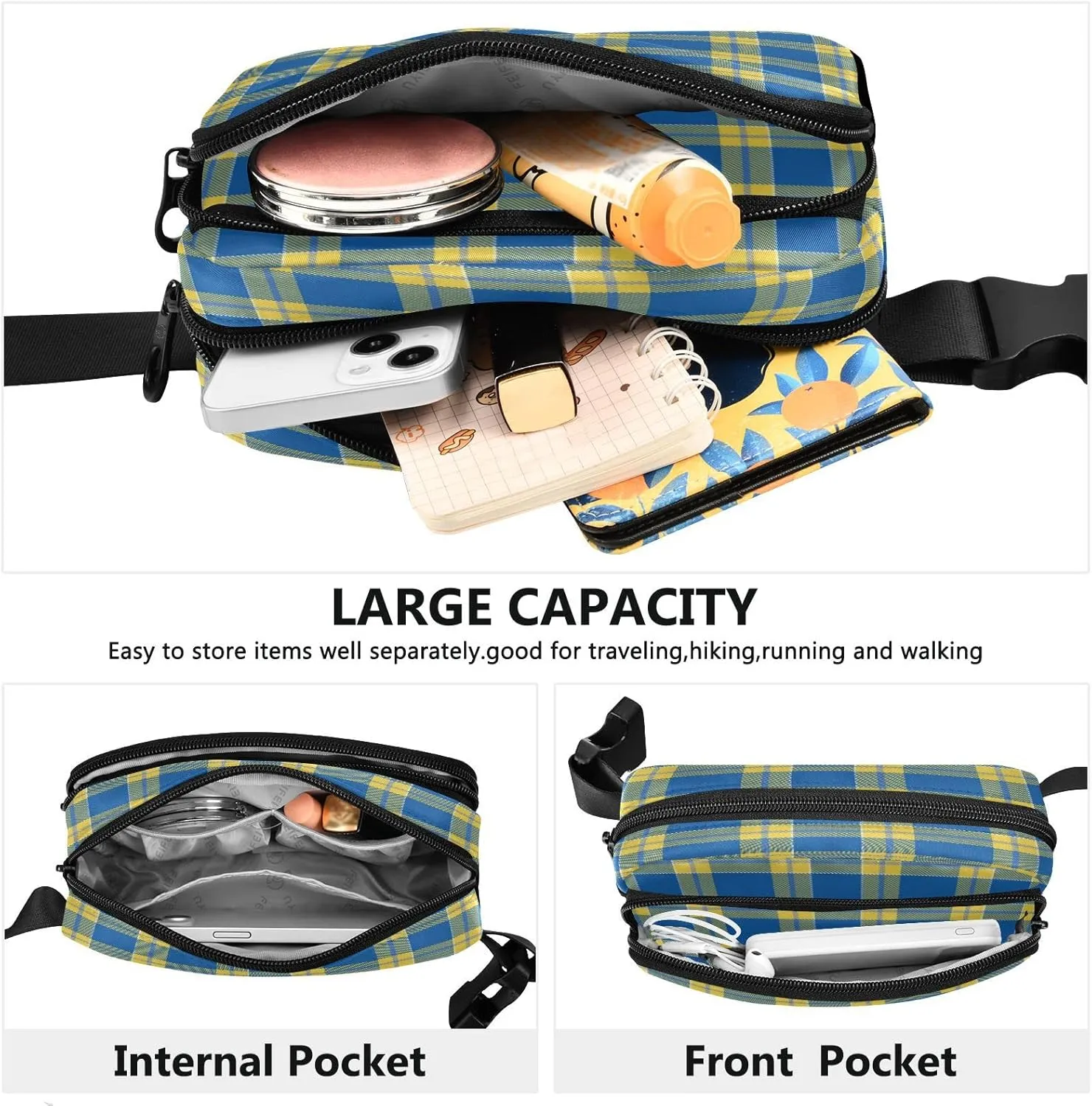 Color Flag Ukraine Belt Bag for Women Men Tartan Plaid Yellow Fanny Pack Small Waist Pouch Crossbody Bags for Outdoor Hiking Running Travel