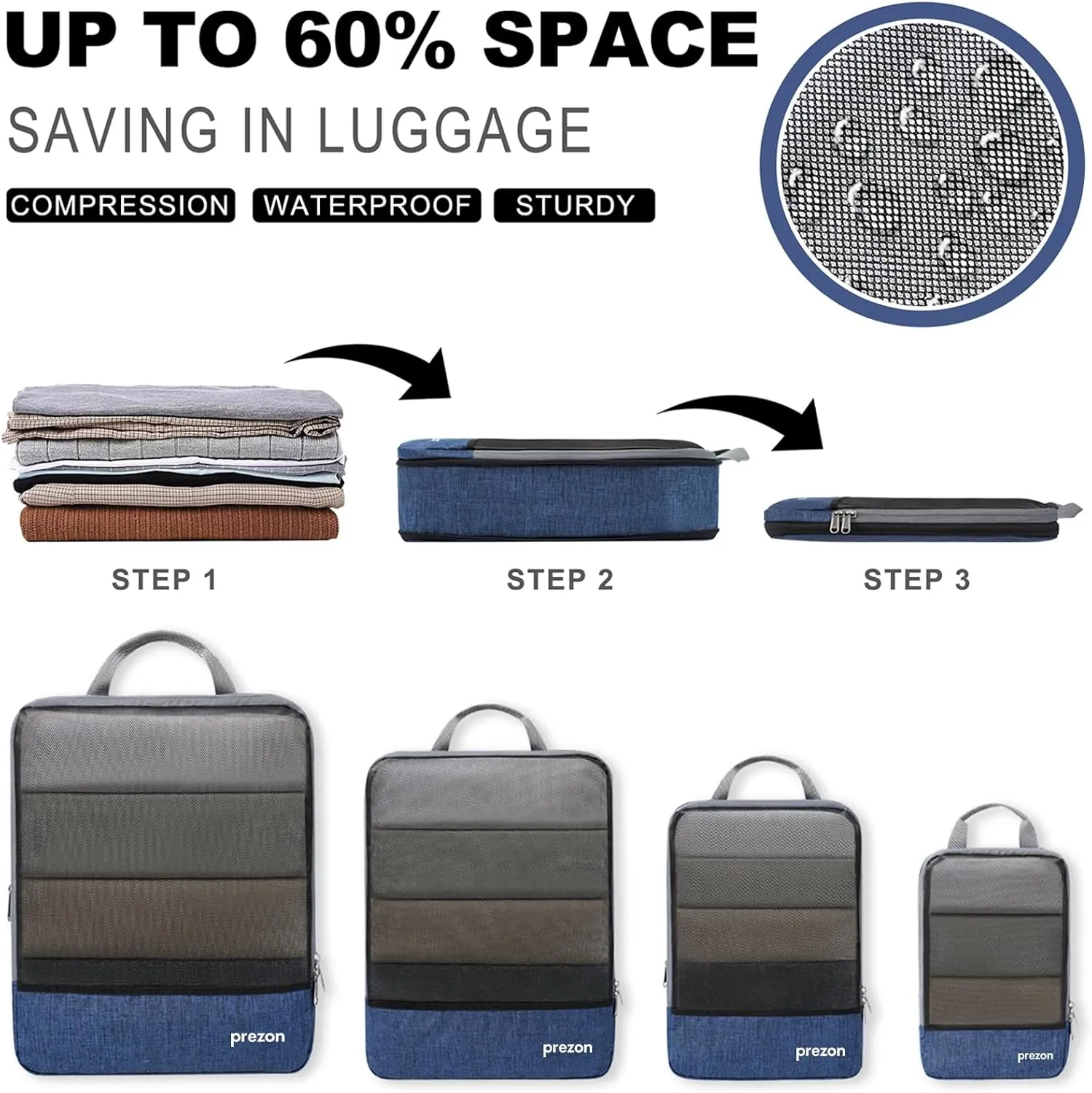 Compression Packing Cubes, Extensible Suitcase Organiser, Packing Organisers for Suitcases, Packing Cubes for Travel or Home Storage4Set-Navy