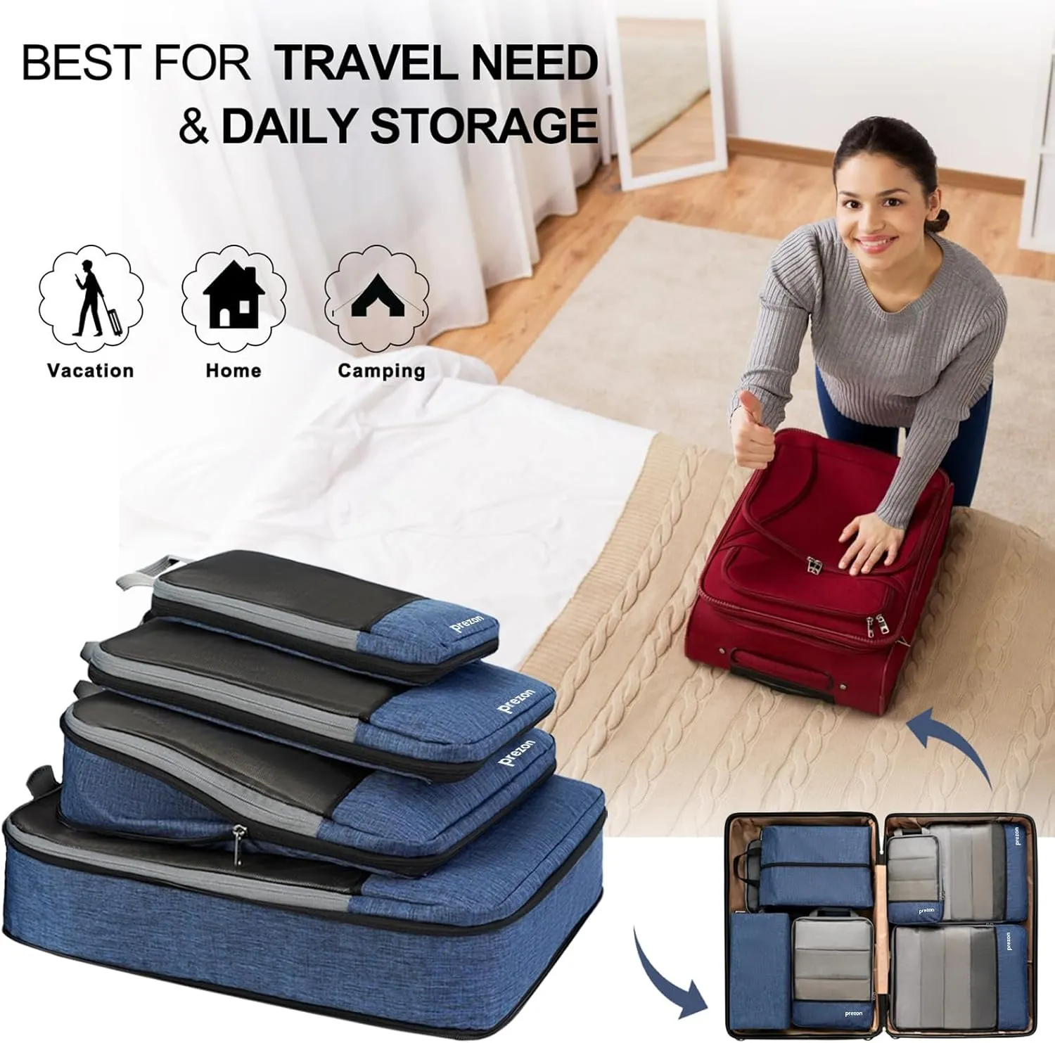 Compression Packing Cubes, Extensible Suitcase Organiser, Packing Organisers for Suitcases, Packing Cubes for Travel or Home Storage4Set-Navy