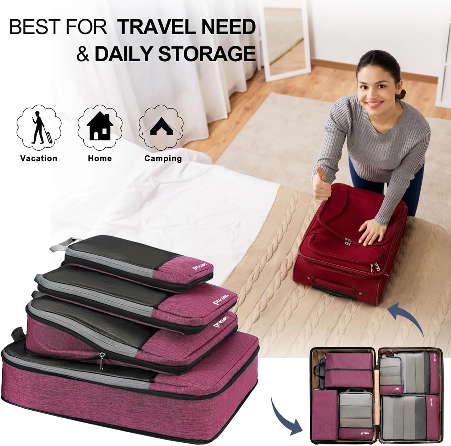 Compression Packing Cubes, Extensible Suitcase Organiser, Packing Organisers for Suitcases, Packing Cubes for Travel or Home Storage4Set-Pink
