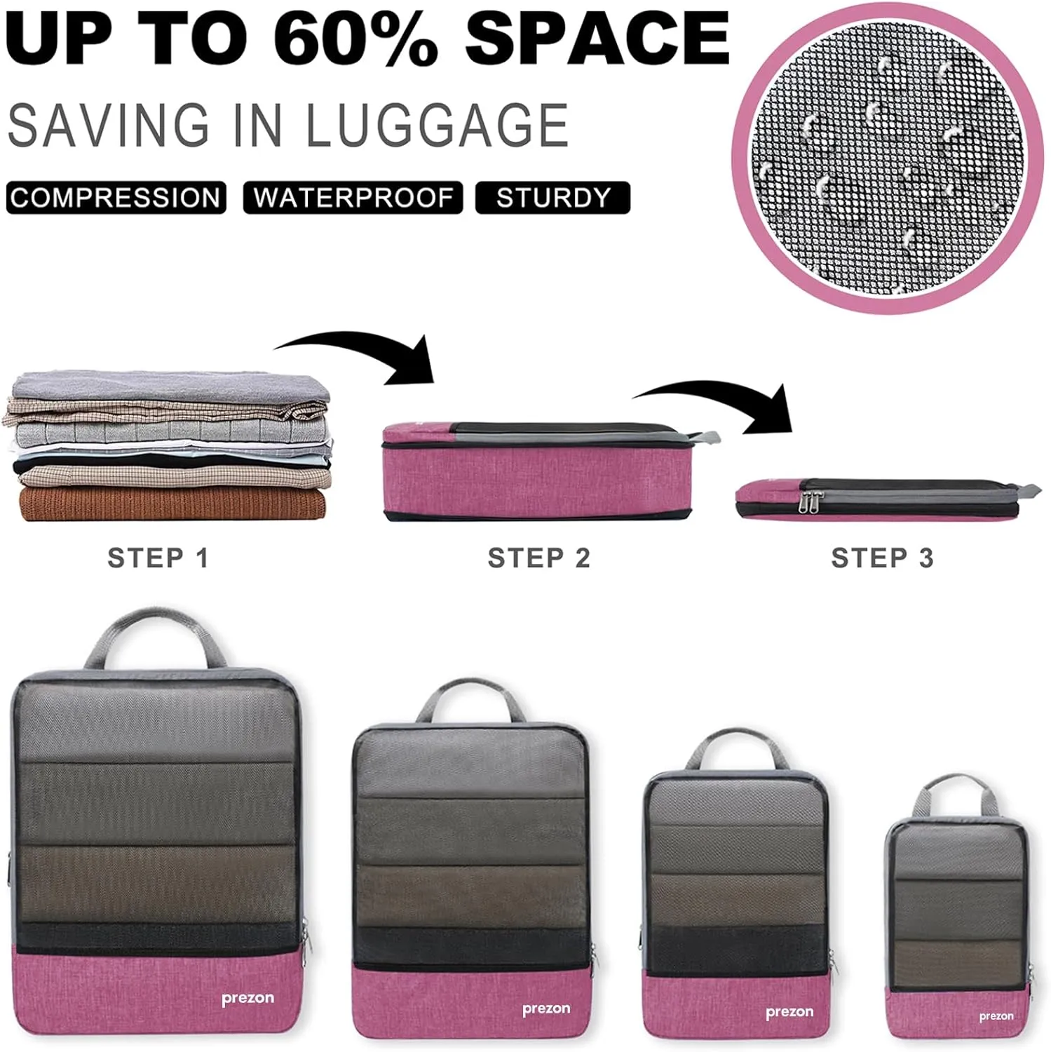 Compression Packing Cubes, Extensible Suitcase Organiser, Packing Organisers for Suitcases, Packing Cubes for Travel or Home Storage4Set-Pink
