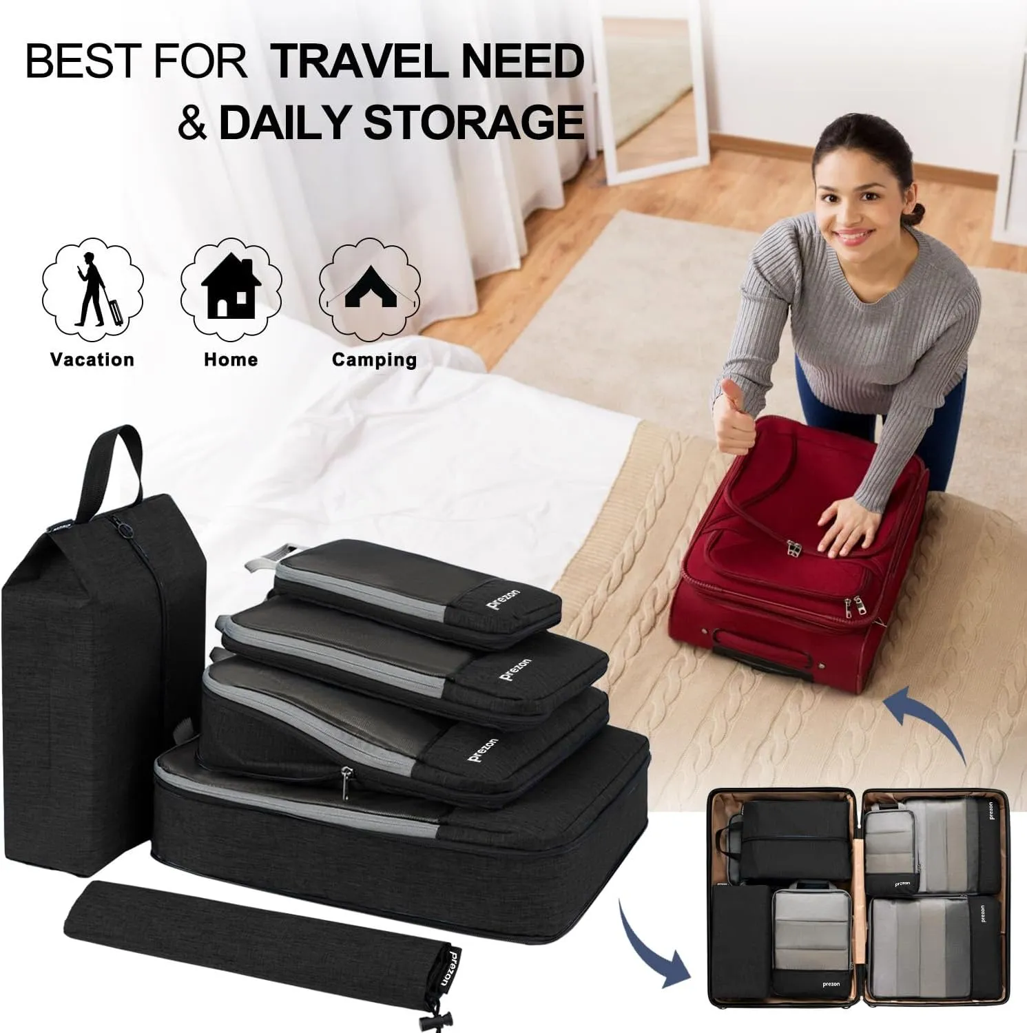 Compression Packing Cubes, Extensible Suitcase Organiser, Packing Organisers for Suitcases, Packing Cubes for Travel or Home Storage6Set-Black