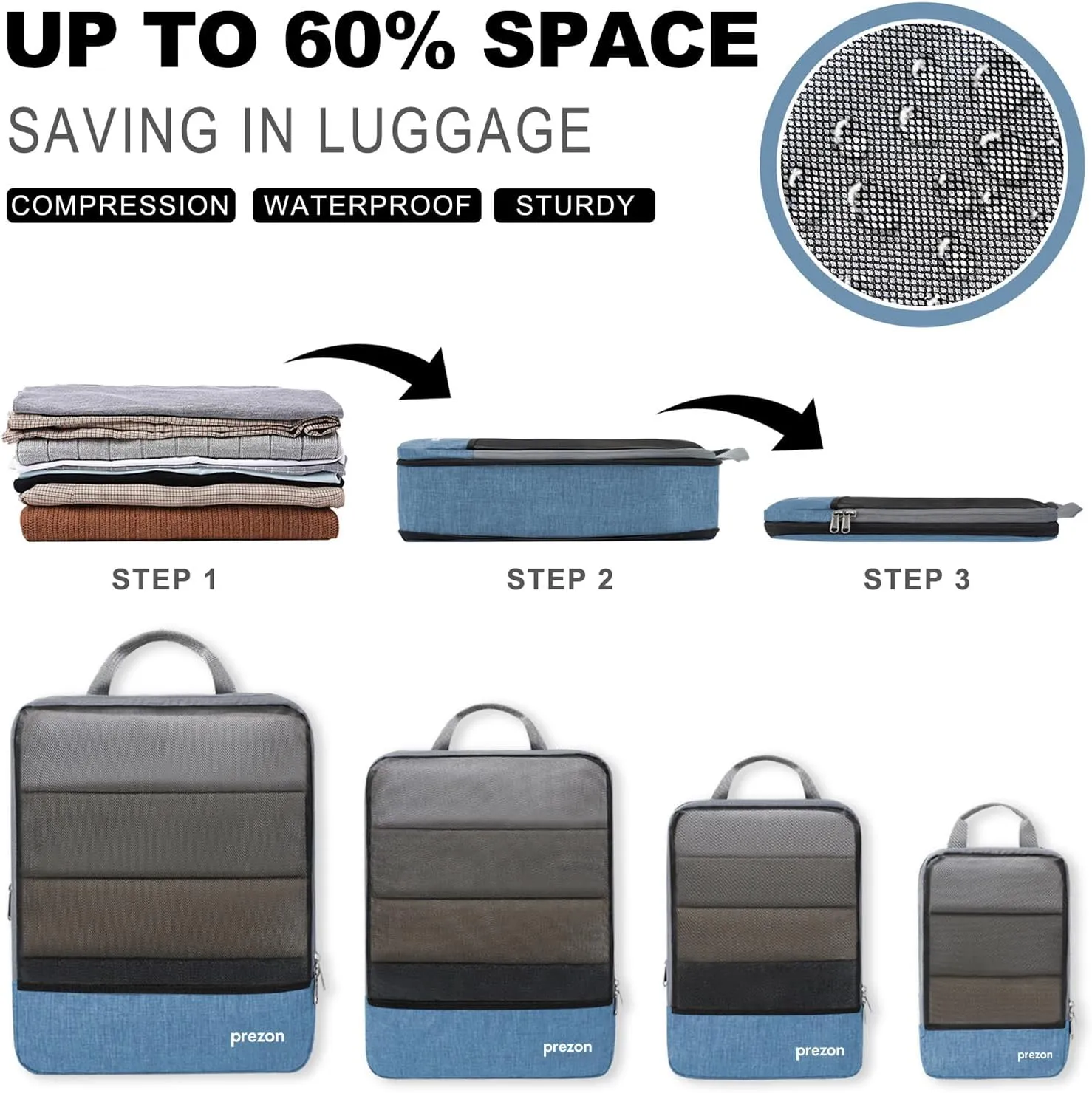 Compression Packing Cubes, Extensible Suitcase Organiser, Packing Organisers for Suitcases, Packing Cubes for Travel or Home Storage6Set-Blue