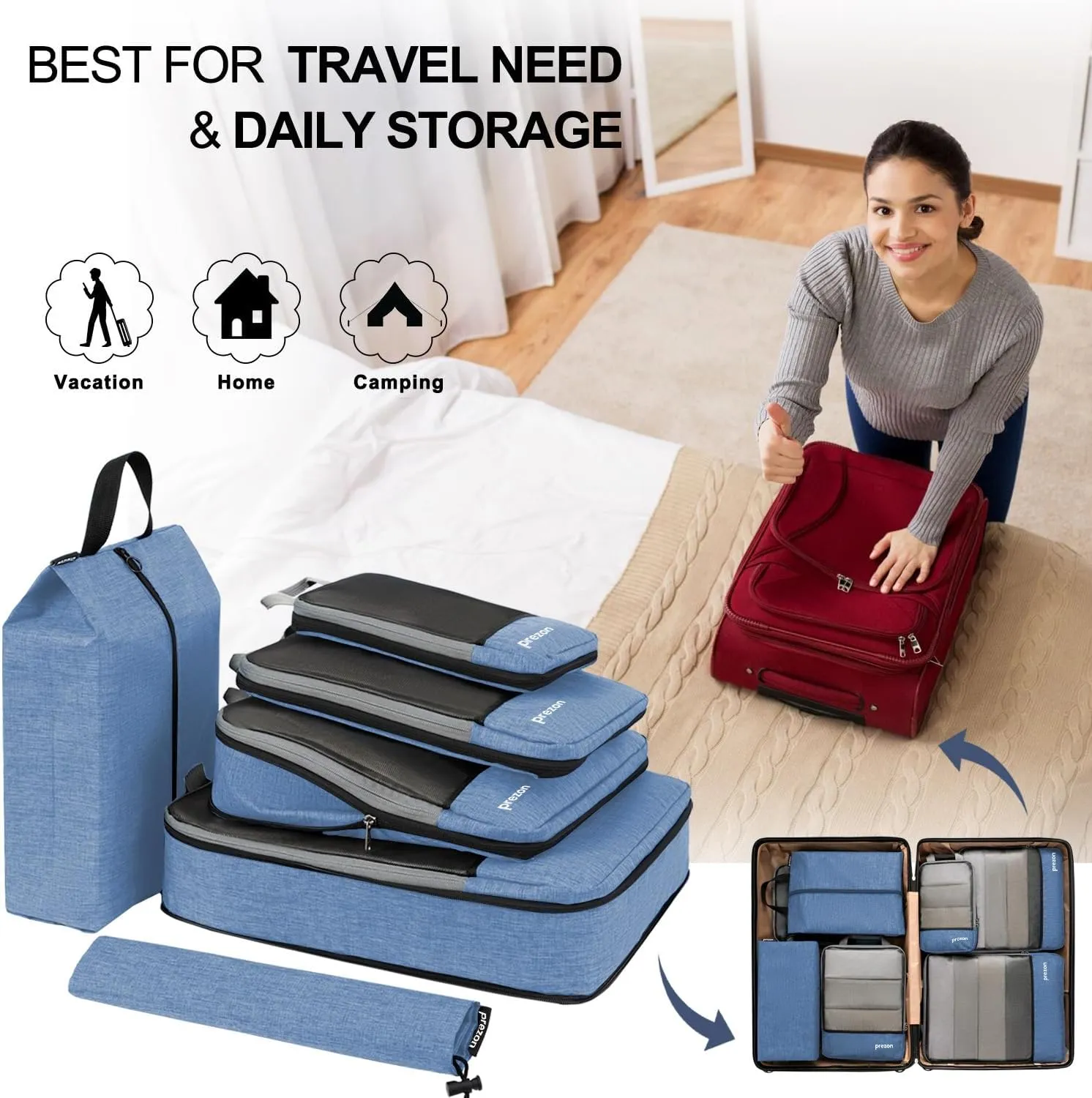Compression Packing Cubes, Extensible Suitcase Organiser, Packing Organisers for Suitcases, Packing Cubes for Travel or Home Storage6Set-Blue