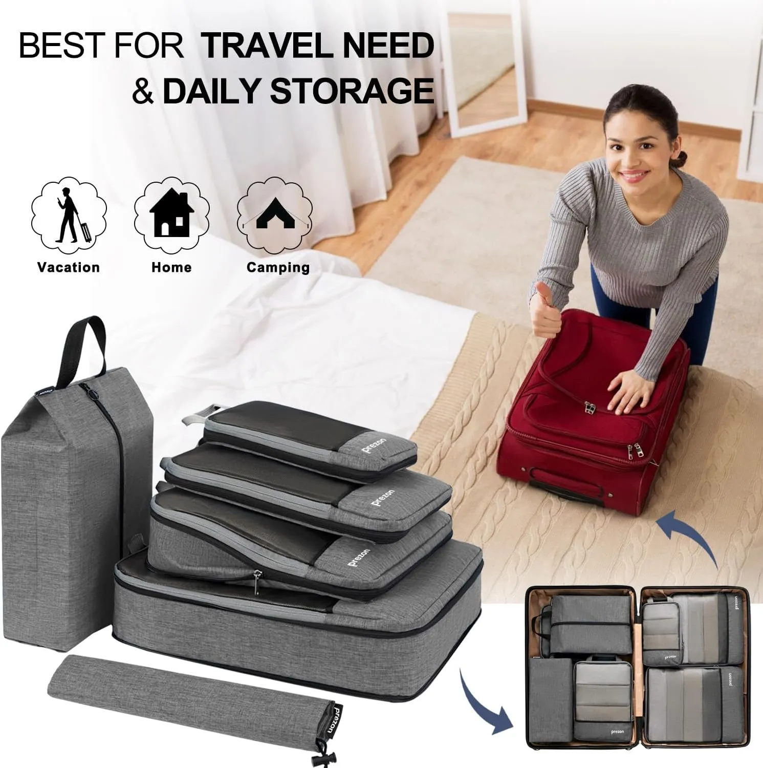 Compression Packing Cubes, Extensible Suitcase Organiser, Packing Organisers for Suitcases, Packing Cubes for Travel or Home Storage6Set-Grey