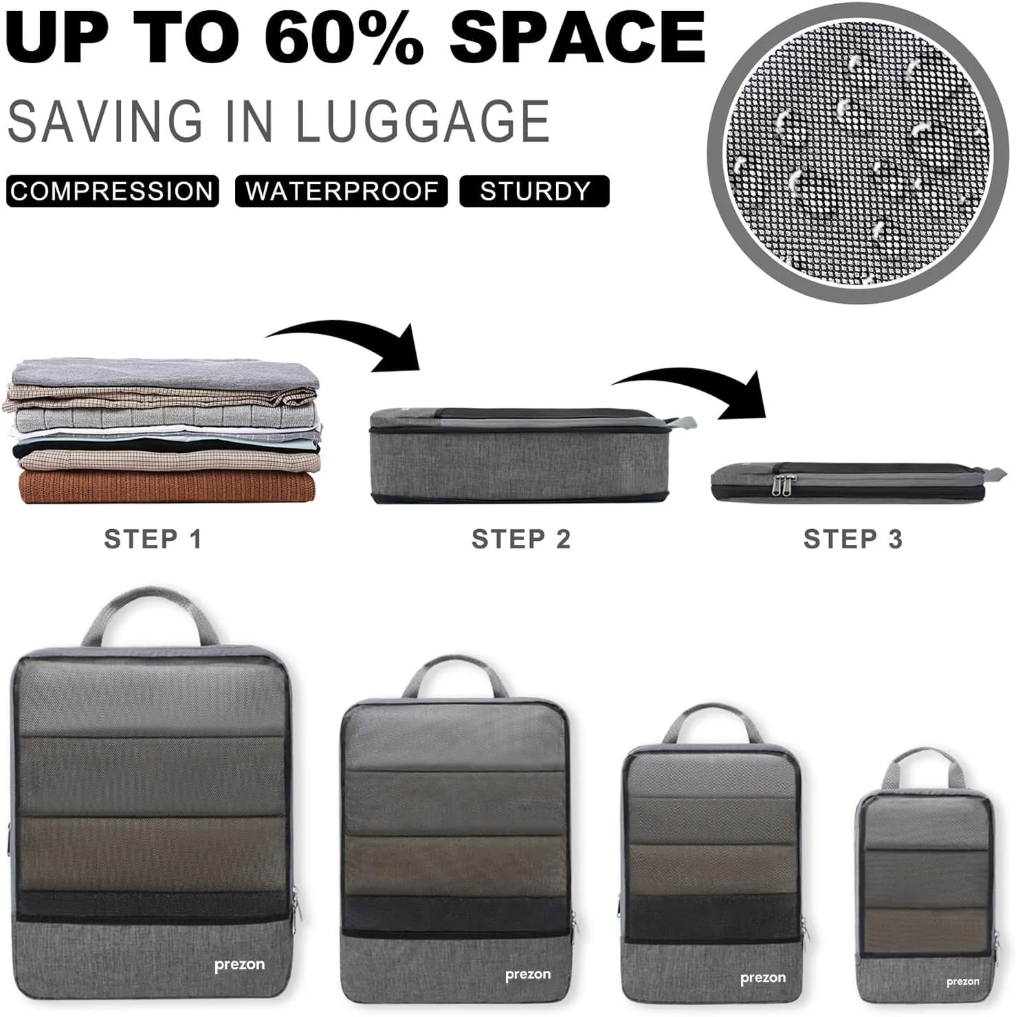 Compression Packing Cubes, Extensible Suitcase Organiser, Packing Organisers for Suitcases, Packing Cubes for Travel or Home Storage6Set-Grey