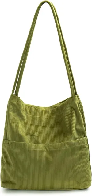 Corduroy Tote Bag for Women Hobo Shoulder Bag Large Capacity Purse Shopper Travel Casual Green Handbag