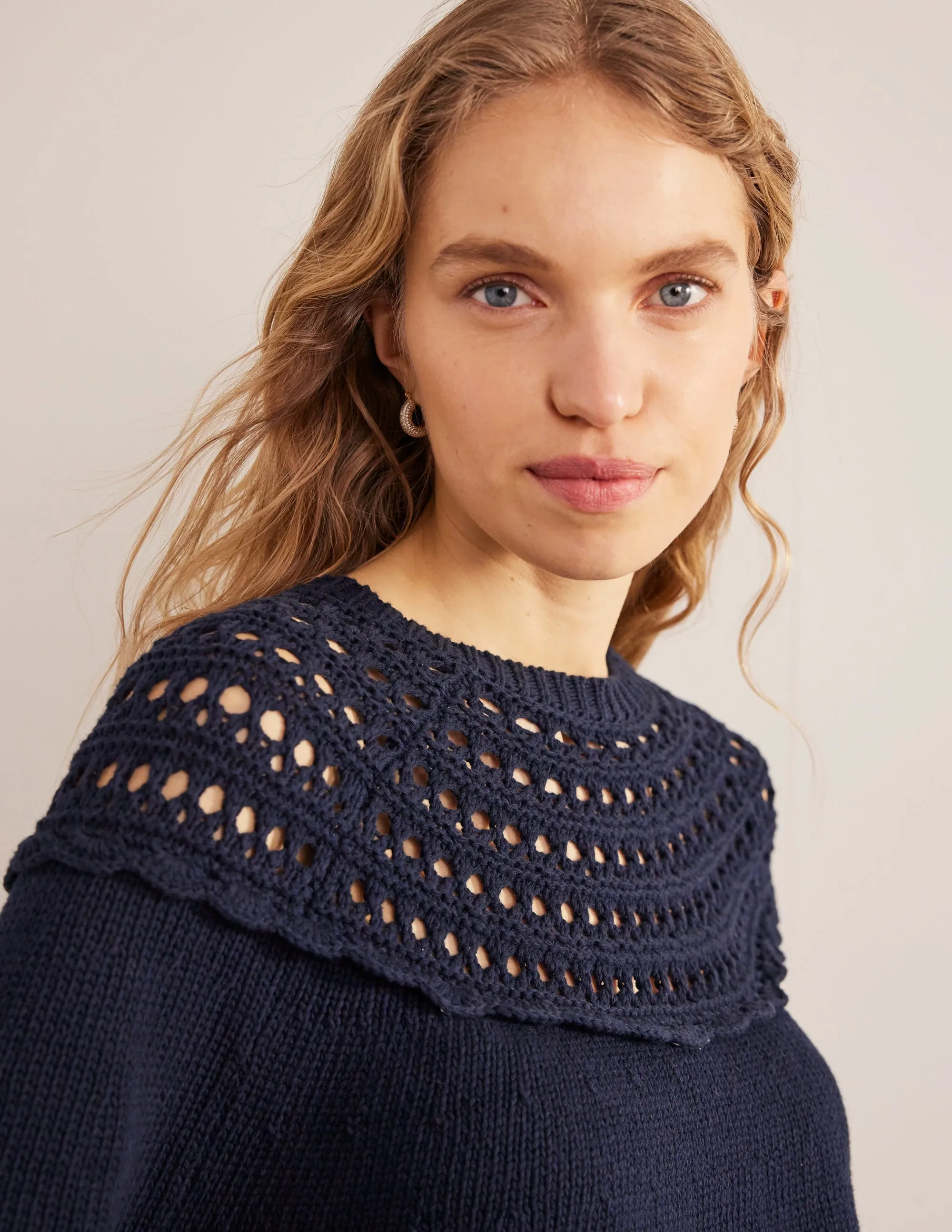 Crochet Yoke Jumper-Navy