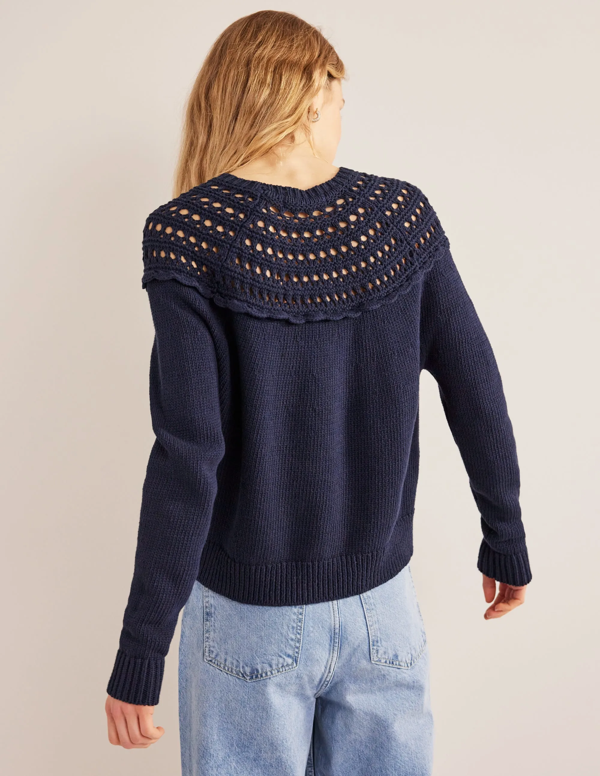 Crochet Yoke Jumper-Navy