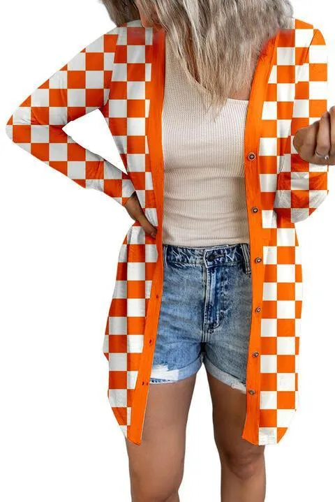 Cuddling Button Up Long Checkered Cardigan
