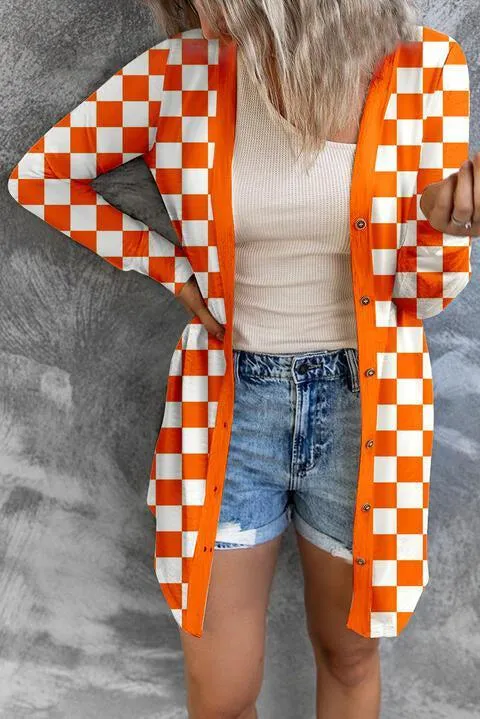 Cuddling Button Up Long Checkered Cardigan
