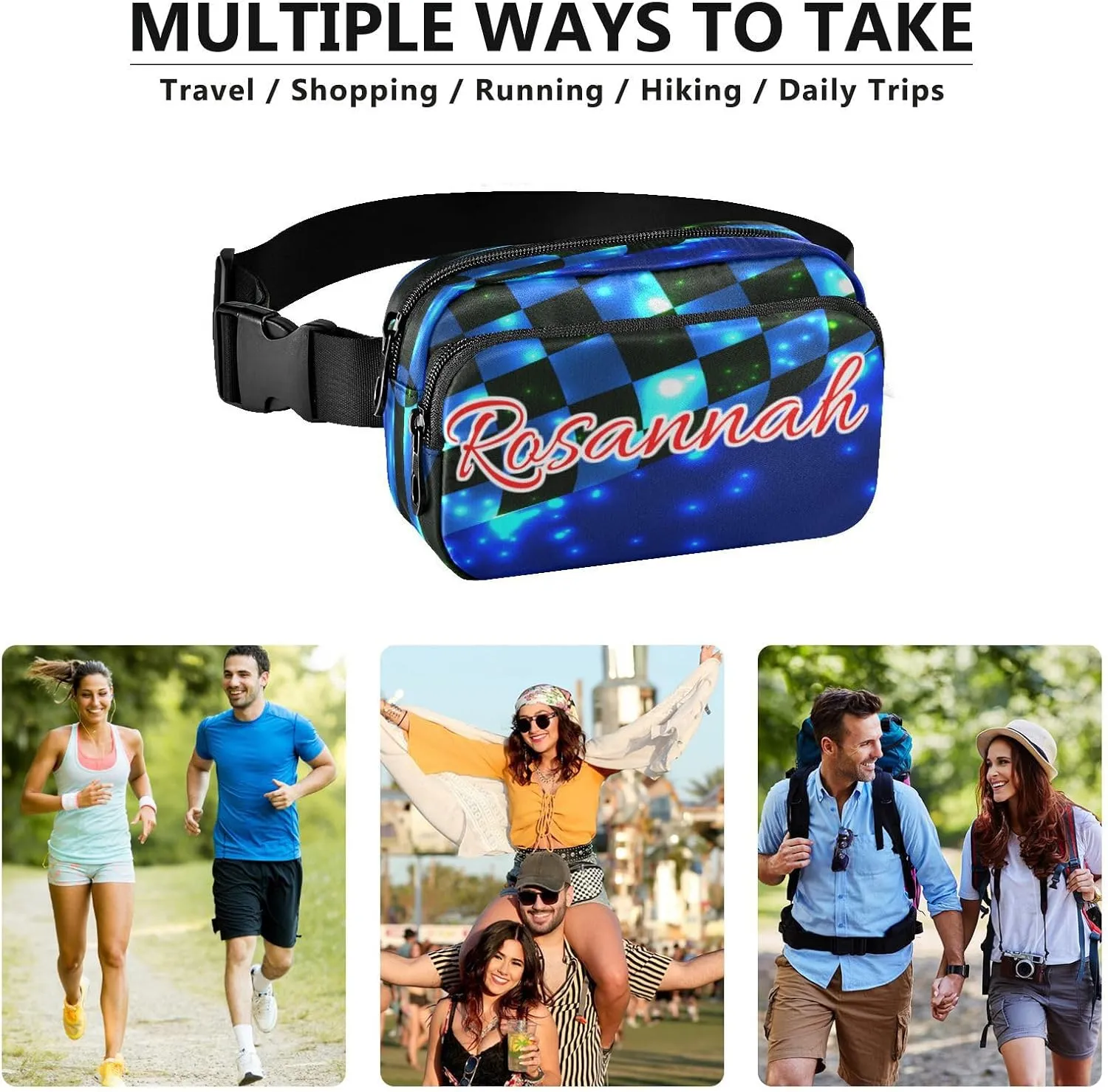 Custom Blue Black Checkered Belt Bag for Women Men Racing Flag Fanny Pack Small Waist Pouch Crossbody Bags for Outdoor Hiking Running Travel