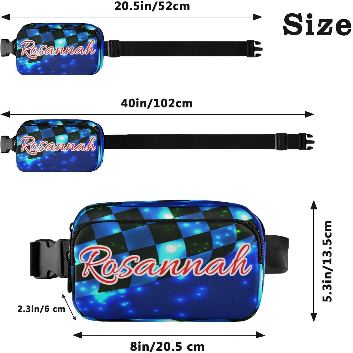 Custom Blue Black Checkered Belt Bag for Women Men Racing Flag Fanny Pack Small Waist Pouch Crossbody Bags for Outdoor Hiking Running Travel