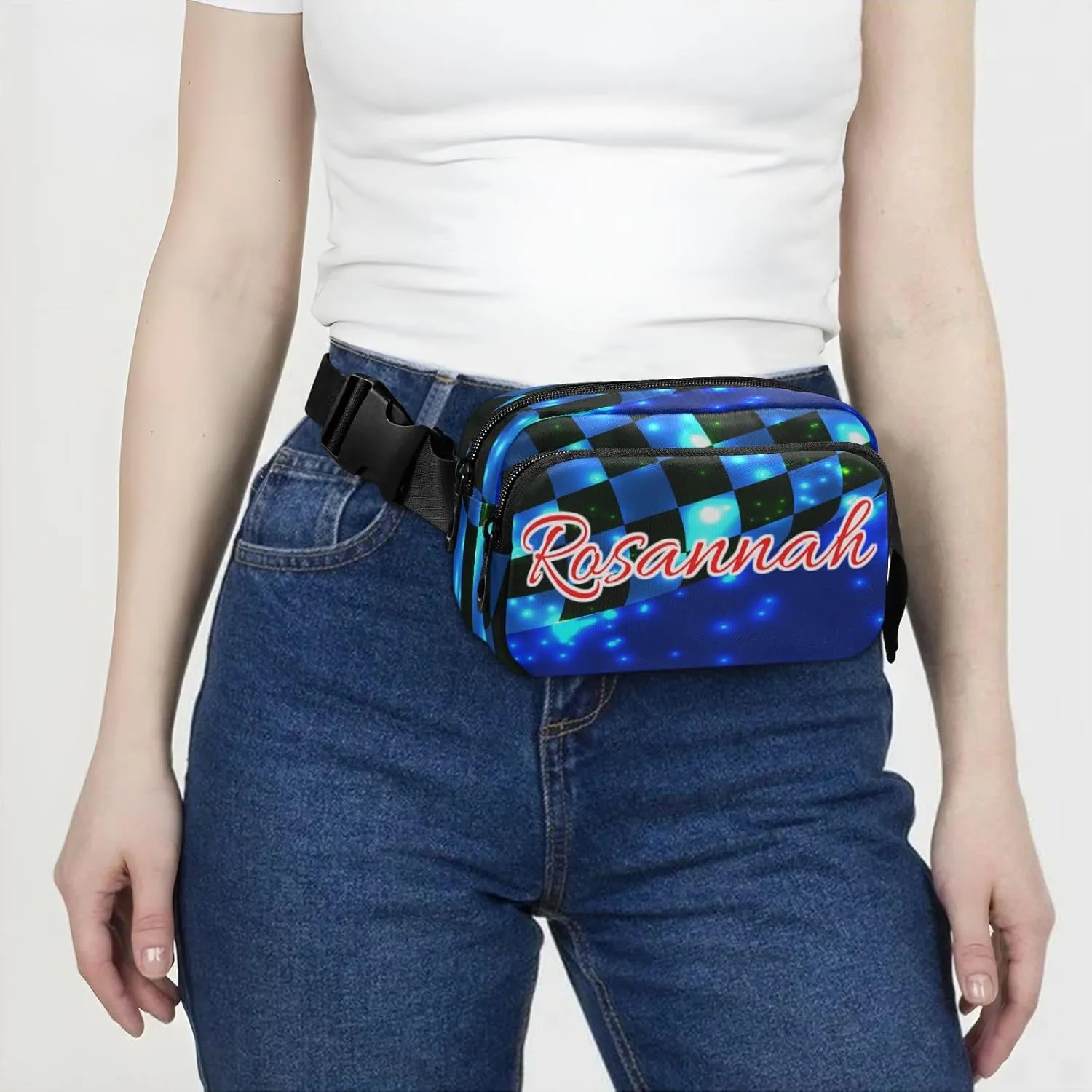 Custom Blue Black Checkered Belt Bag for Women Men Racing Flag Fanny Pack Small Waist Pouch Crossbody Bags for Outdoor Hiking Running Travel