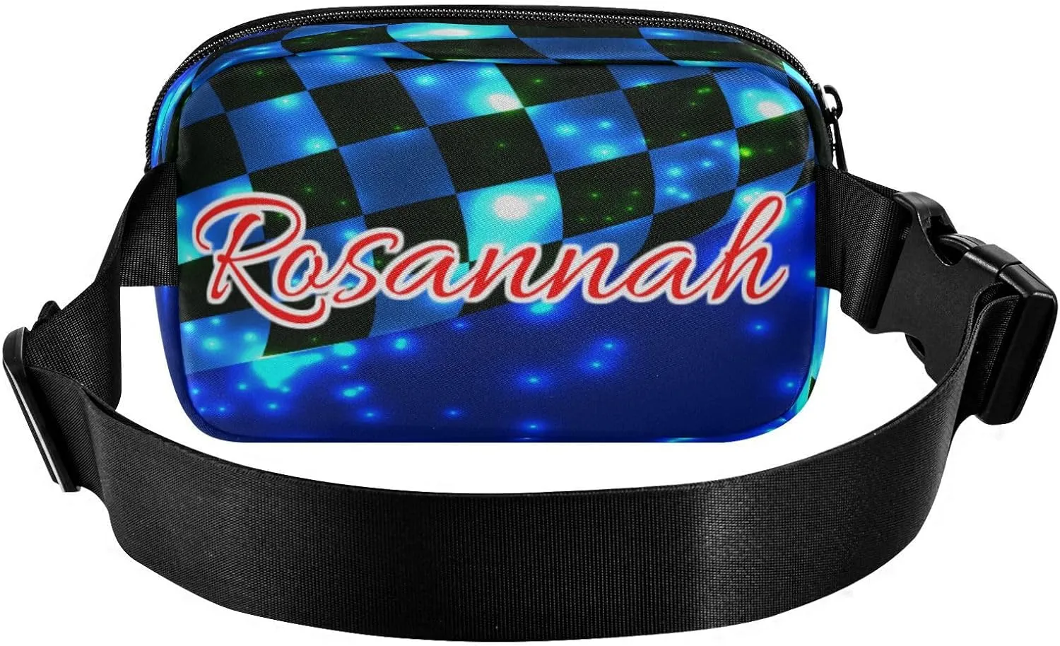Custom Blue Black Checkered Belt Bag for Women Men Racing Flag Fanny Pack Small Waist Pouch Crossbody Bags for Outdoor Hiking Running Travel