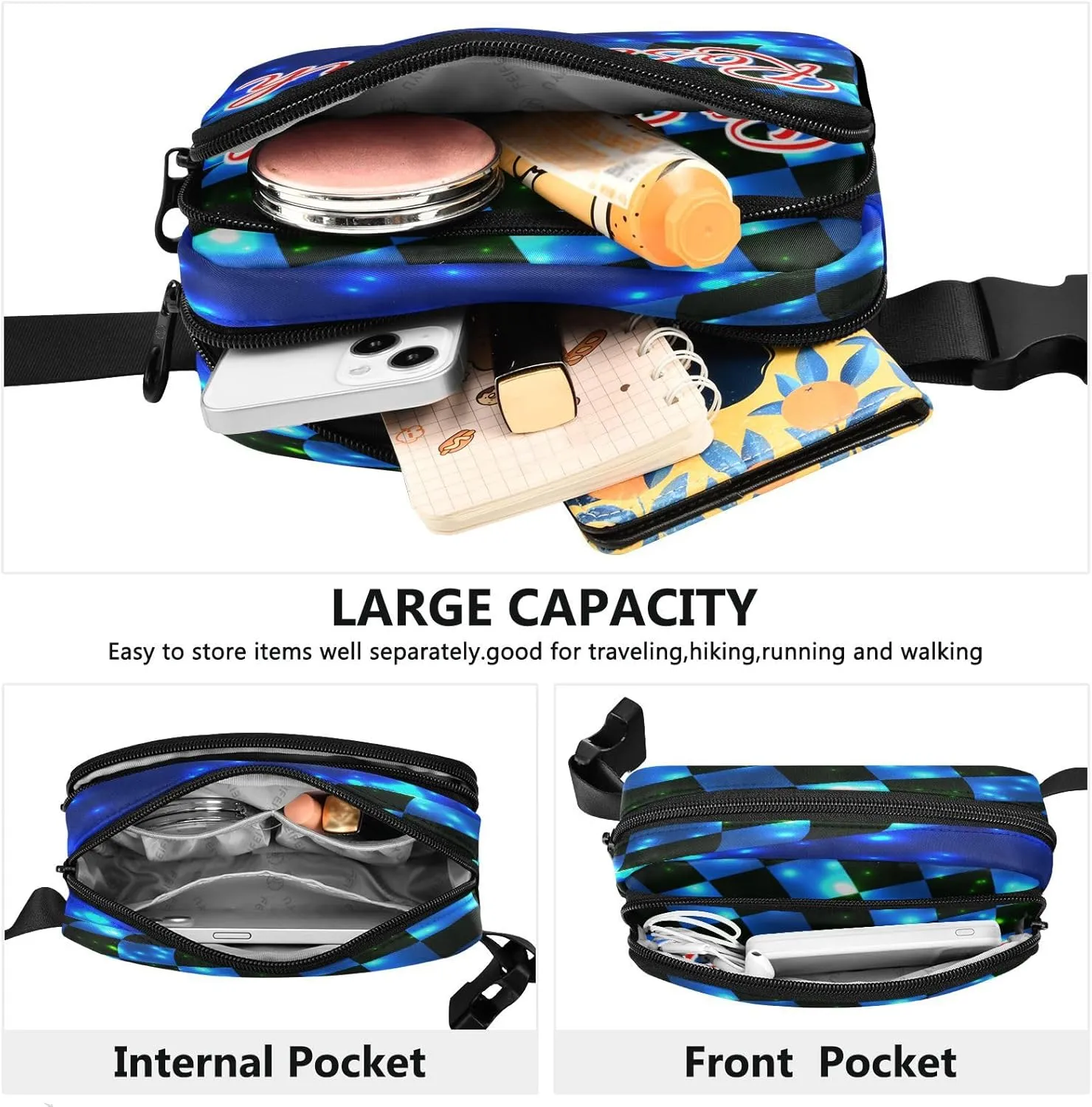 Custom Blue Black Checkered Belt Bag for Women Men Racing Flag Fanny Pack Small Waist Pouch Crossbody Bags for Outdoor Hiking Running Travel