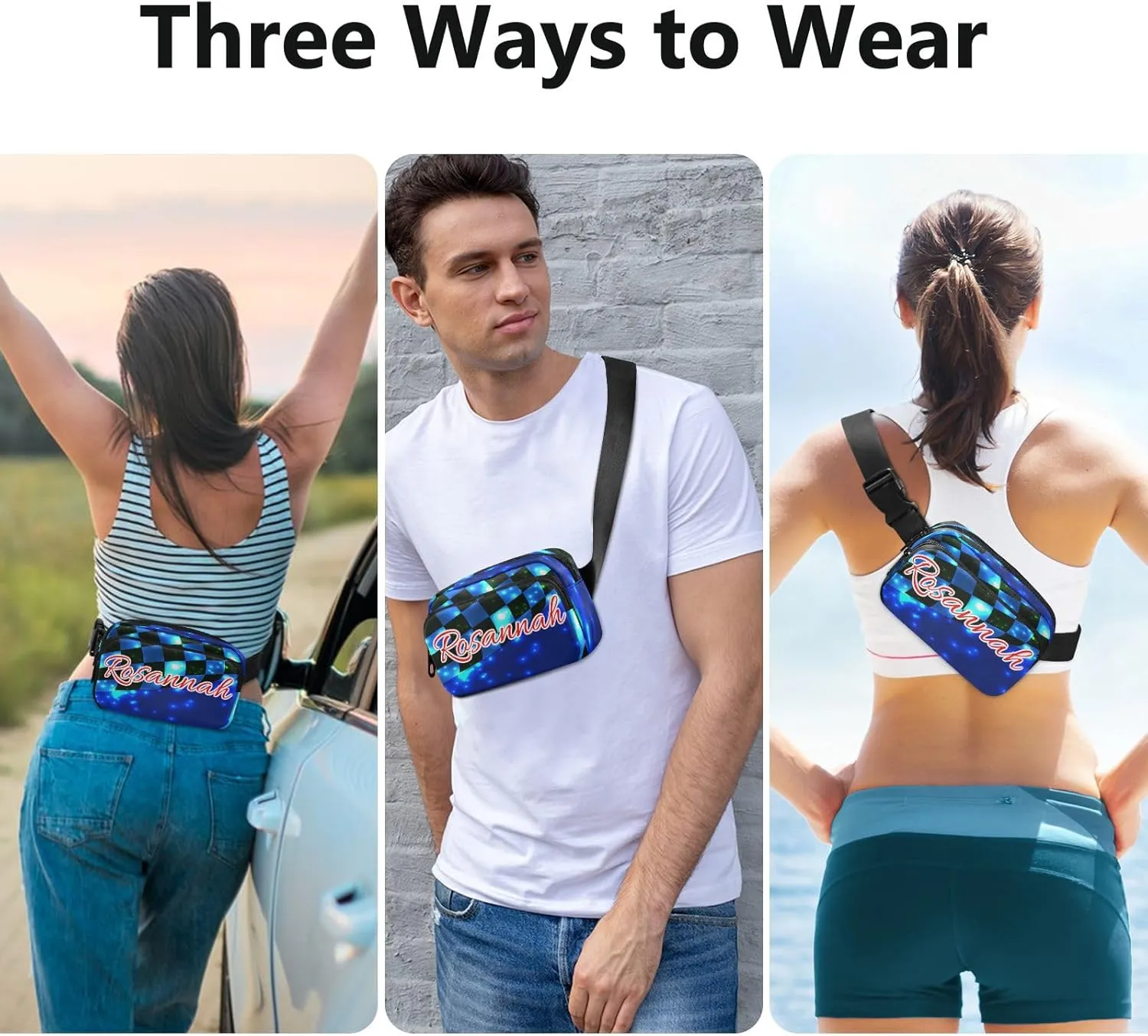 Custom Blue Black Checkered Belt Bag for Women Men Racing Flag Fanny Pack Small Waist Pouch Crossbody Bags for Outdoor Hiking Running Travel