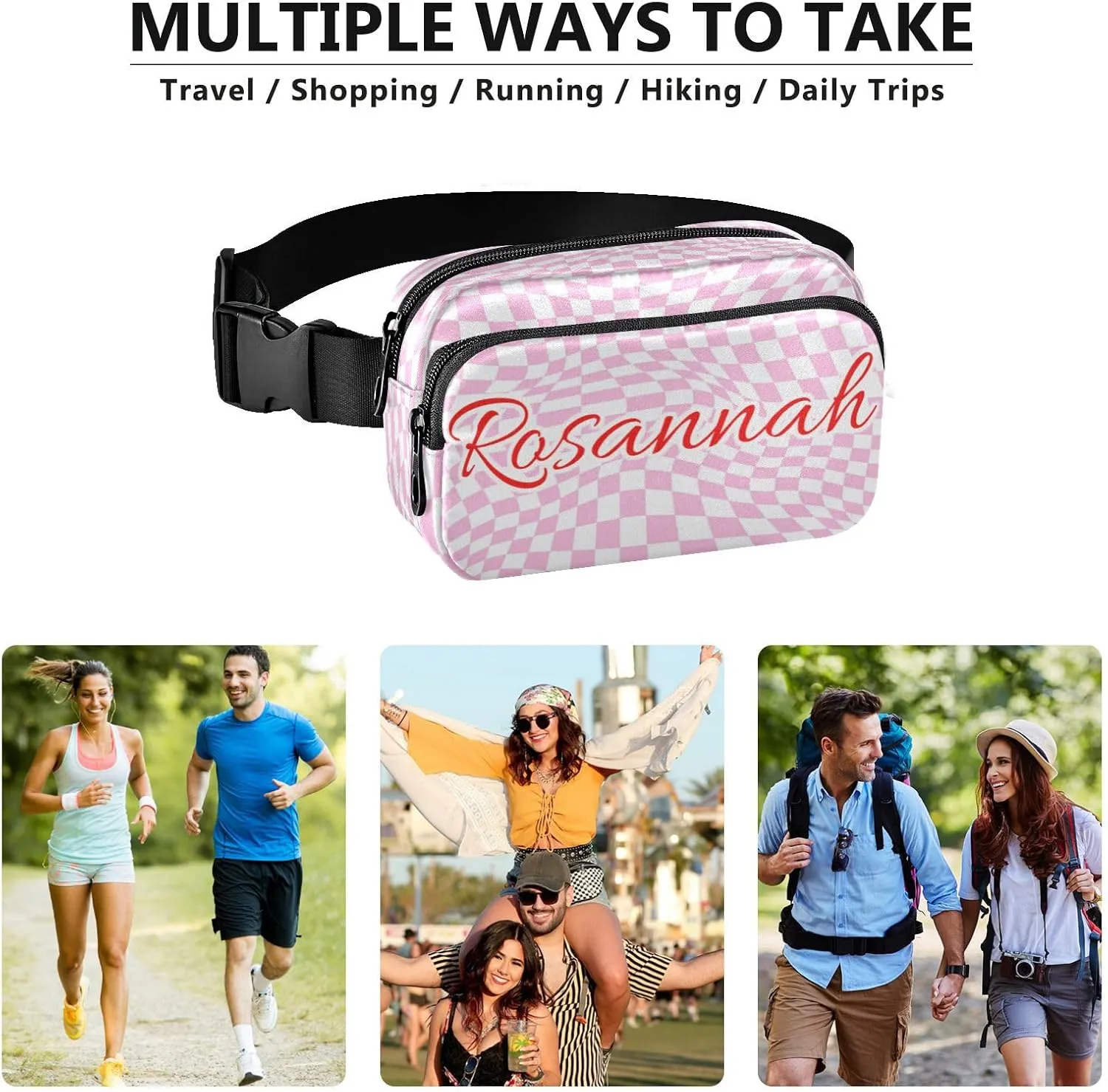 Custom Distorted Checkered Pink Belt Bag for Women Men Fanny Pack Small Waist Pouch Crossbody Bags for Outdoor Hiking Running Travel