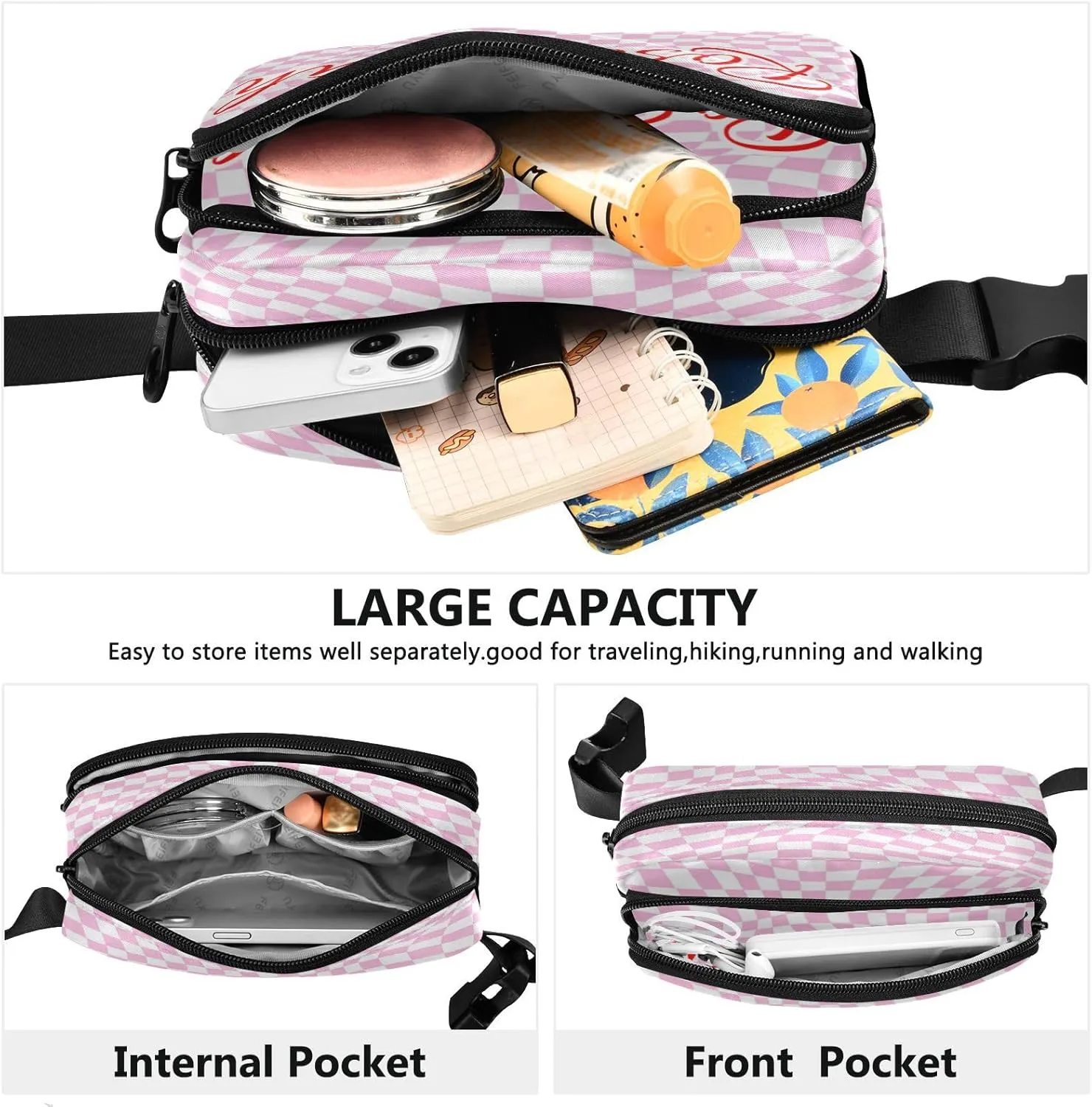 Custom Distorted Checkered Pink Belt Bag for Women Men Fanny Pack Small Waist Pouch Crossbody Bags for Outdoor Hiking Running Travel