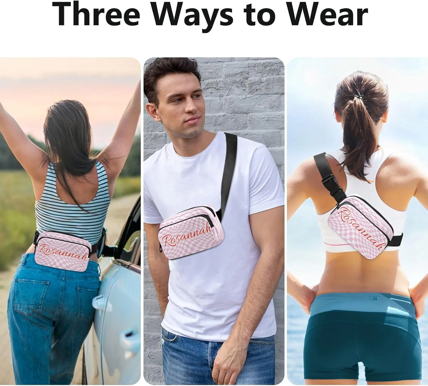 Custom Distorted Checkered Pink Belt Bag for Women Men Fanny Pack Small Waist Pouch Crossbody Bags for Outdoor Hiking Running Travel