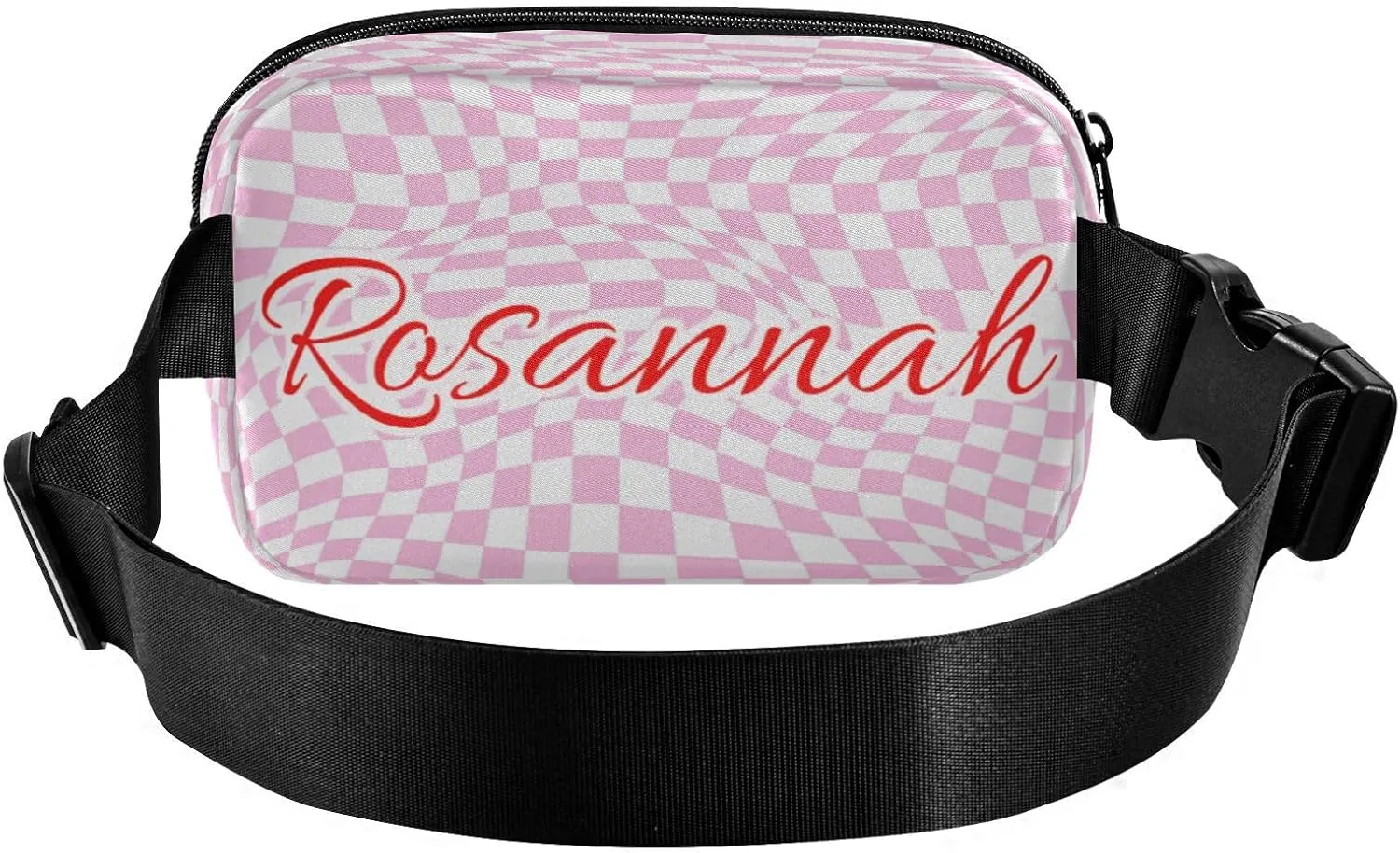 Custom Distorted Checkered Pink Belt Bag for Women Men Fanny Pack Small Waist Pouch Crossbody Bags for Outdoor Hiking Running Travel