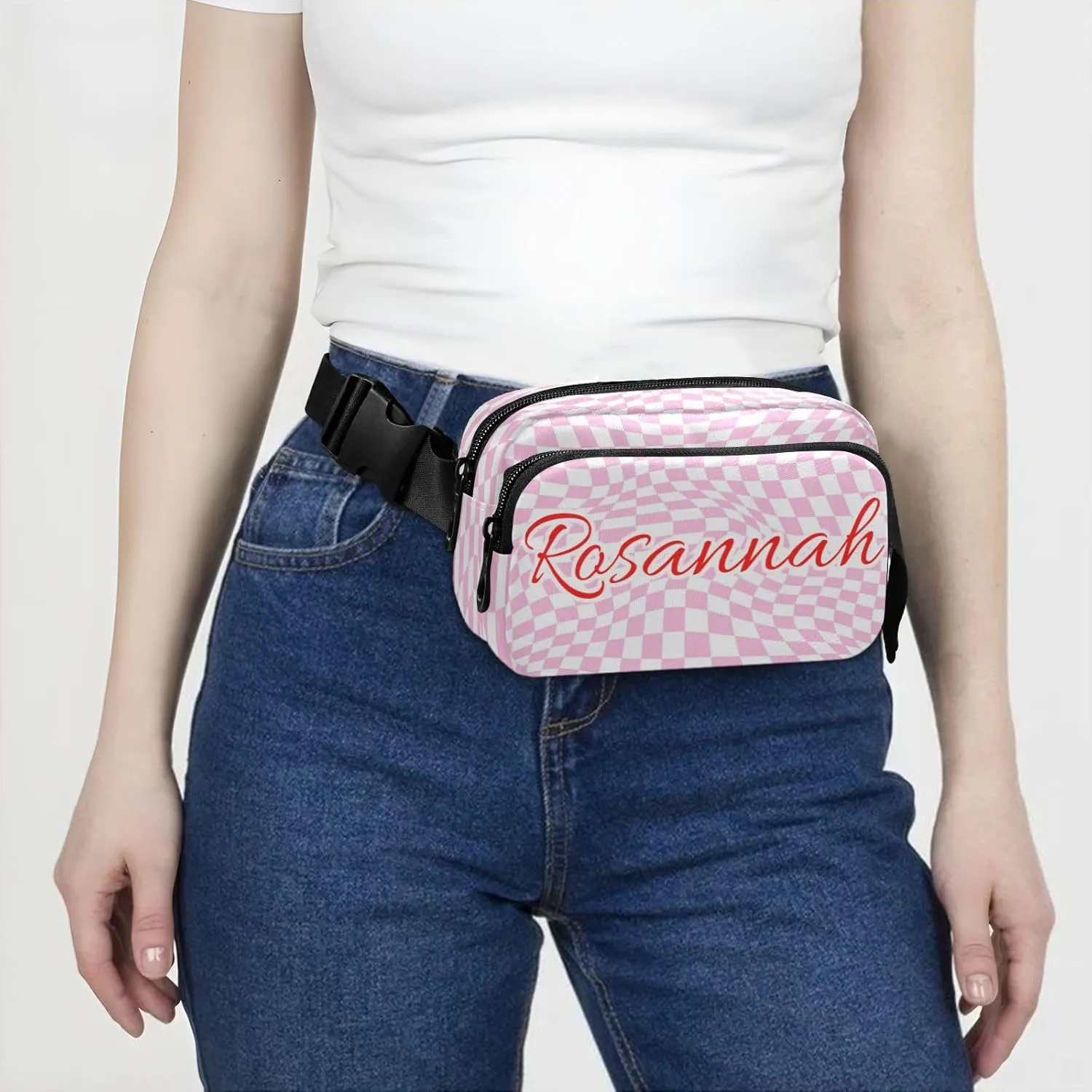 Custom Distorted Checkered Pink Belt Bag for Women Men Fanny Pack Small Waist Pouch Crossbody Bags for Outdoor Hiking Running Travel