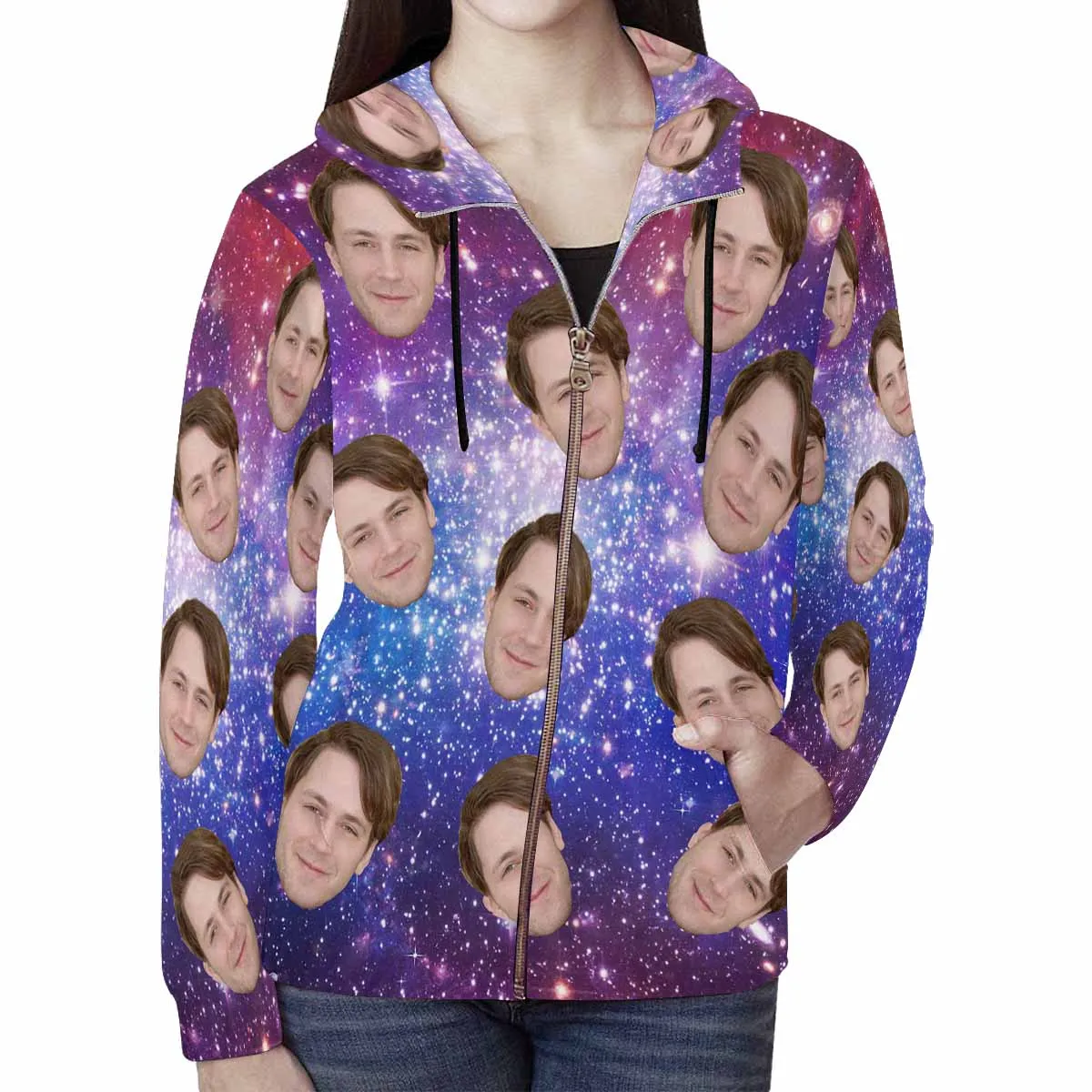 Custom Face Full Zip Hoodie Starry Women's All Over Print Zipper Hoodie with Husband Face