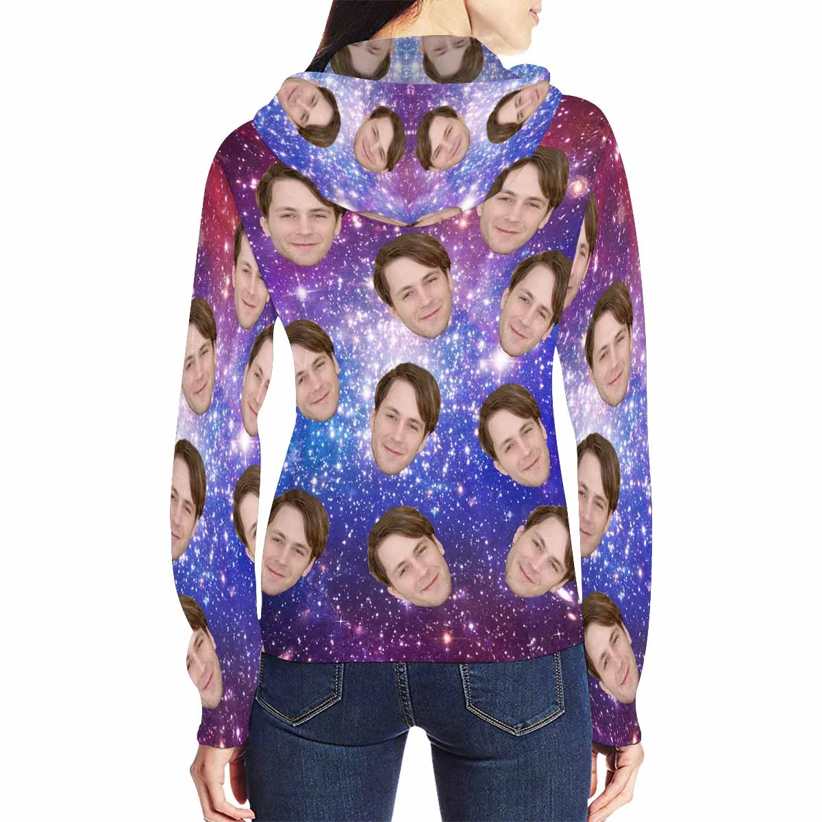 Custom Face Full Zip Hoodie Starry Women's All Over Print Zipper Hoodie with Husband Face
