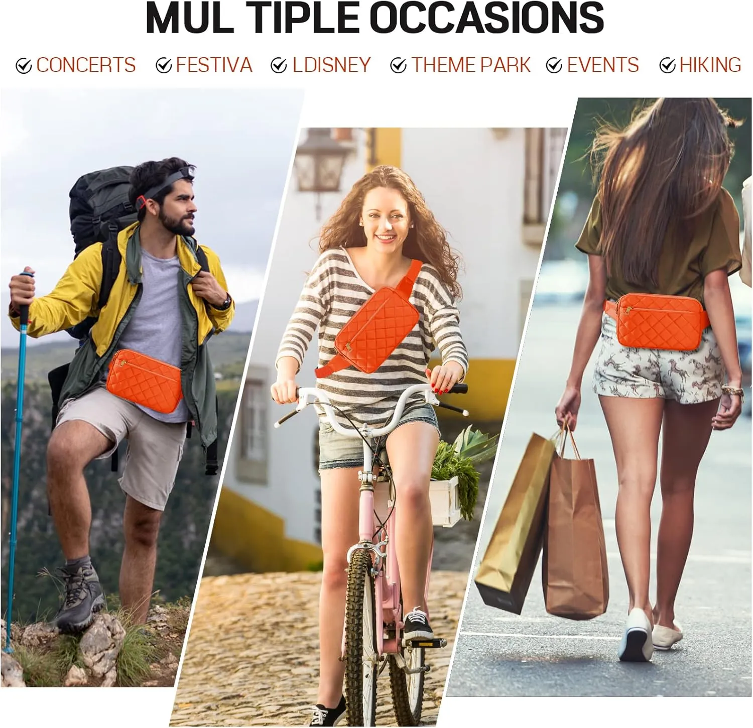 CXWMZY Fashion Fanny Packs for Women & Men, Girls Boys Teens Waist Bag Hip Bum Bag Cute Fanny Pack Casual Bum Bag with Multi-Pockets Adjustable Belts for Disney Traveling Cycling Running (Orange)