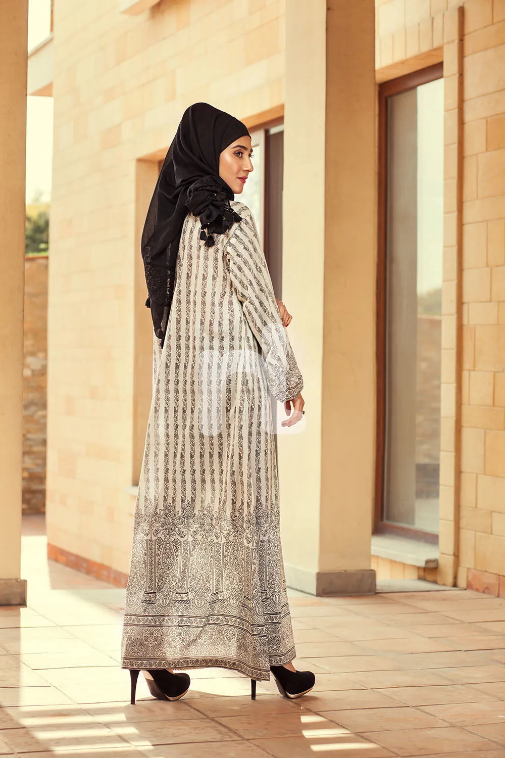 DE19-22 Beige Digital Printed Stitched Pima Cotton Fustaan - 1PC