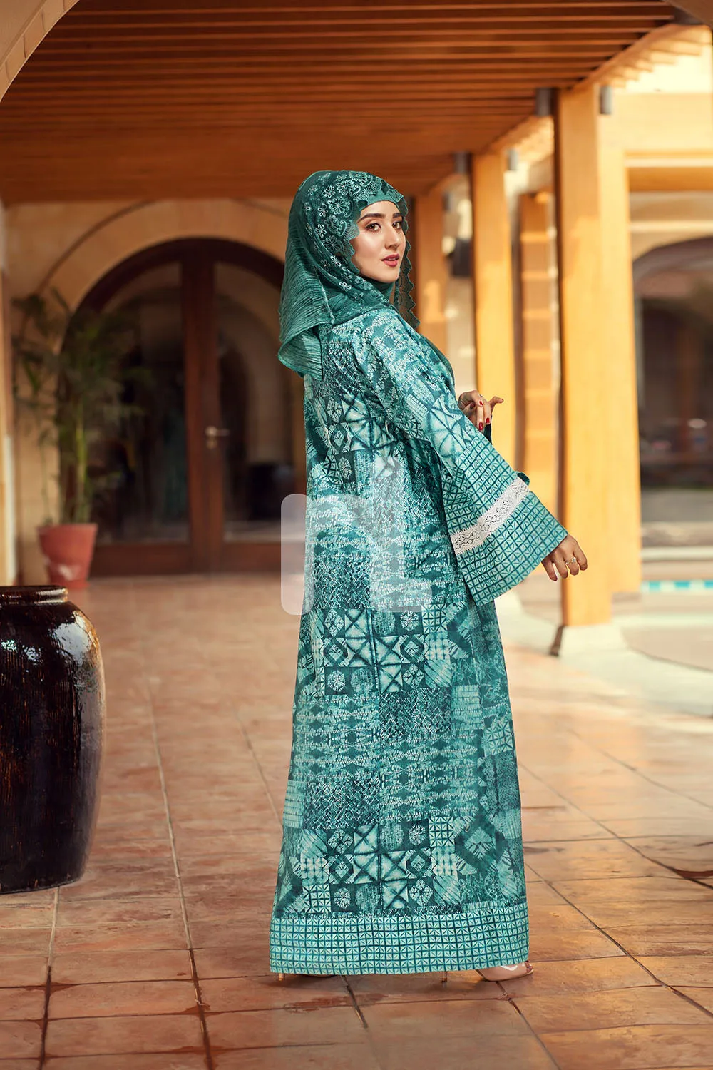 DE19-23 Blue Digital Printed Stitched Pima Cotton Fustaan - 1PC
