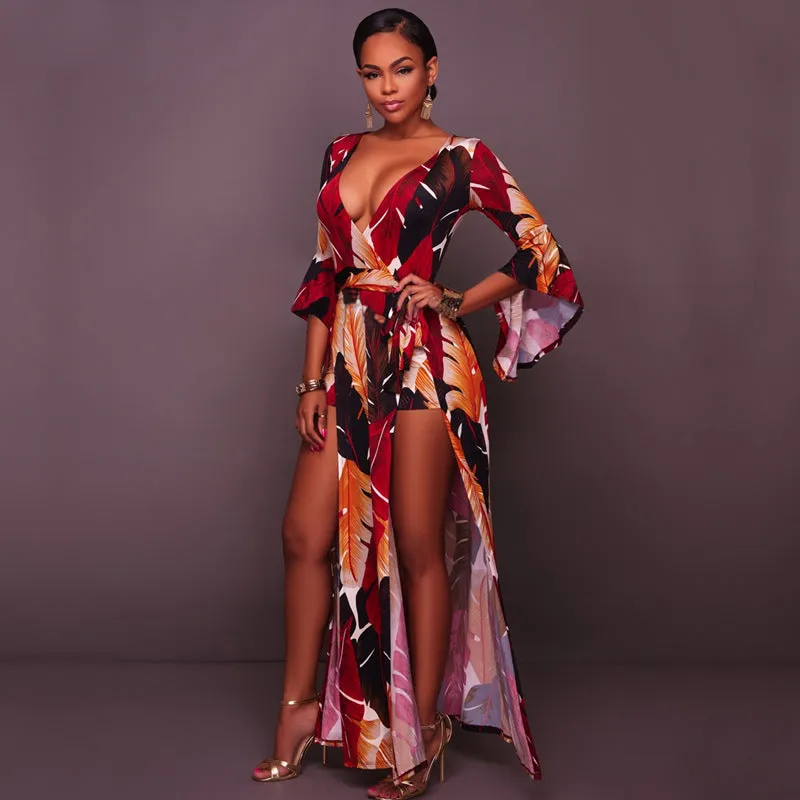 Deep V high slit feather print Long pagoda Sleeves Long Dress