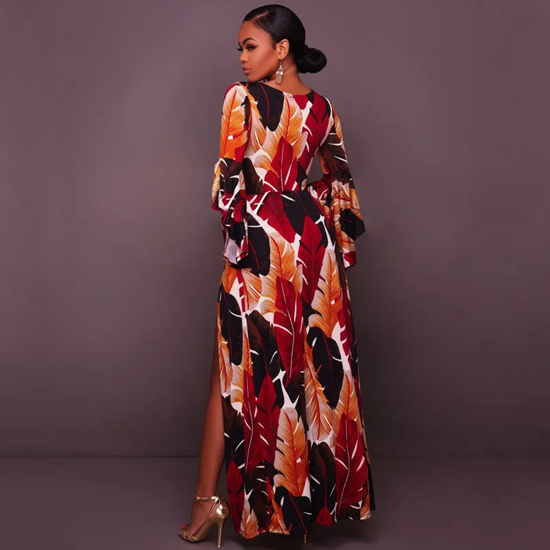 Deep V high slit feather print Long pagoda Sleeves Long Dress