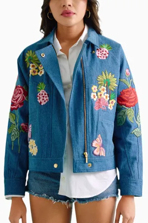 Denim Embroidered Floral Biker Jacket