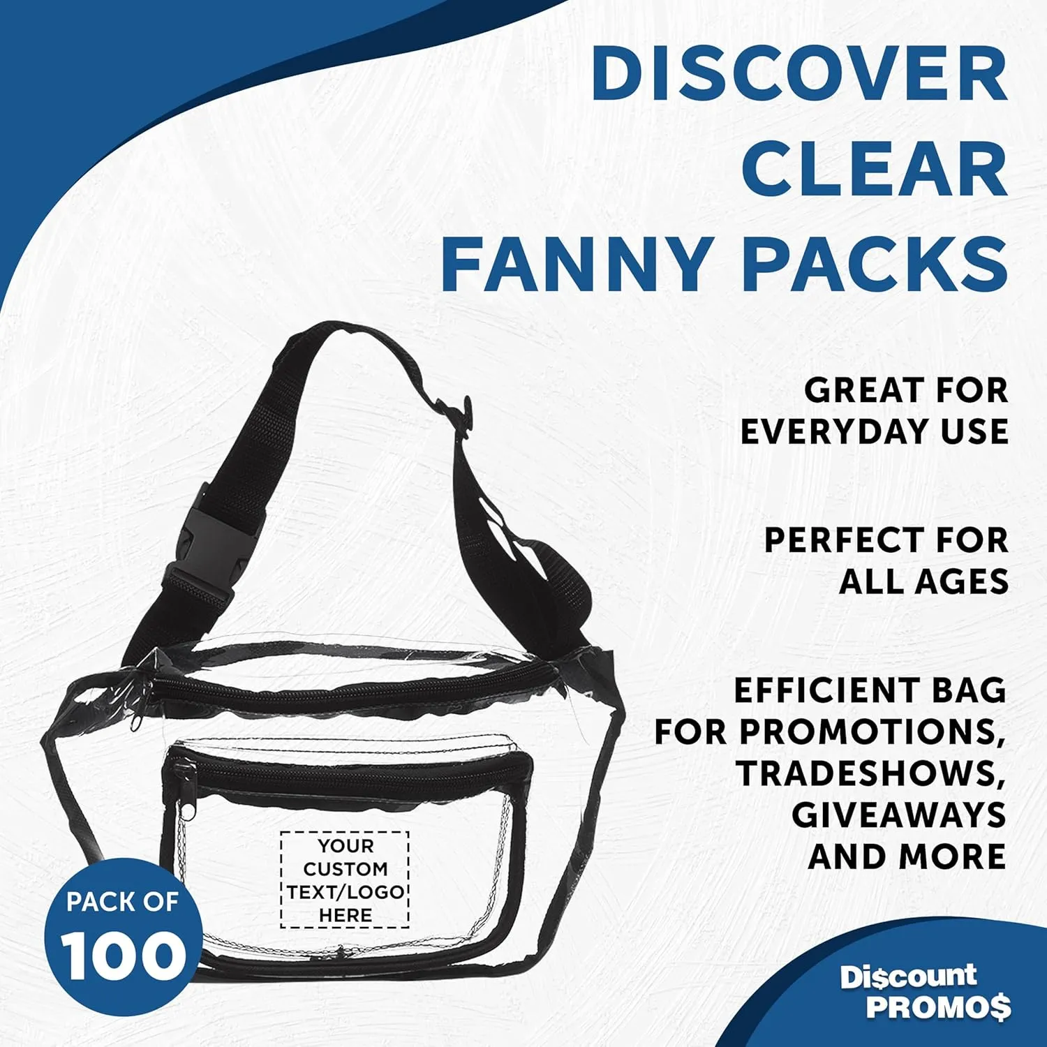 DISCOUNT PROMOS Custom Discover Clear Fanny Packs Set of 100, Personalized Bulk Pack - Great for Running, Cycling, Promotional or Tradeshow - Clear