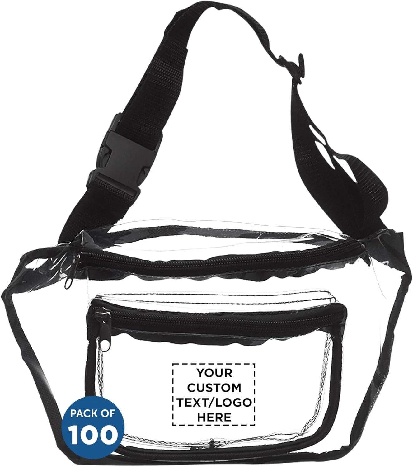 DISCOUNT PROMOS Custom Discover Clear Fanny Packs Set of 100, Personalized Bulk Pack - Great for Running, Cycling, Promotional or Tradeshow - Clear