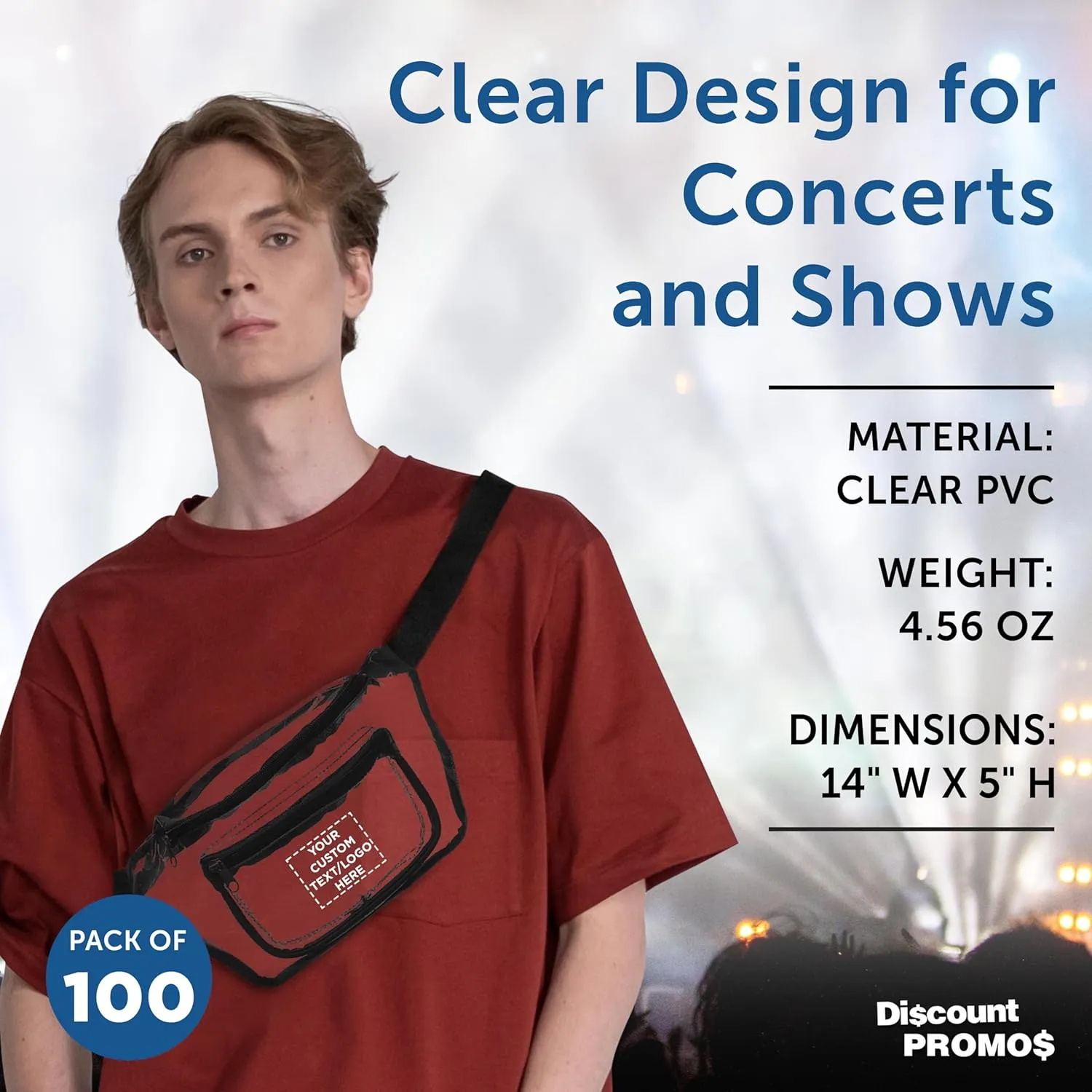 DISCOUNT PROMOS Custom Discover Clear Fanny Packs Set of 100, Personalized Bulk Pack - Great for Running, Cycling, Promotional or Tradeshow - Clear