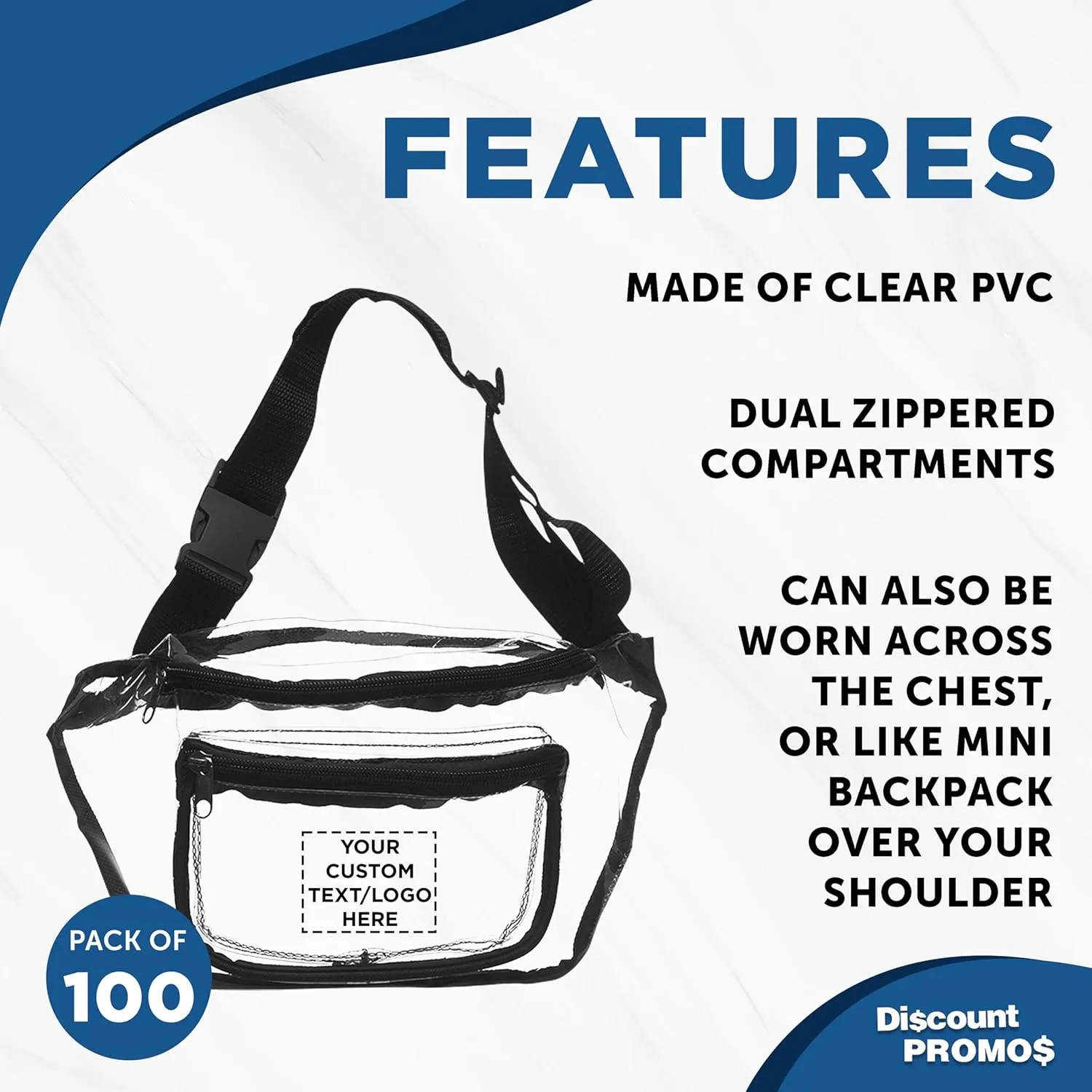 DISCOUNT PROMOS Custom Discover Clear Fanny Packs Set of 100, Personalized Bulk Pack - Great for Running, Cycling, Promotional or Tradeshow - Clear