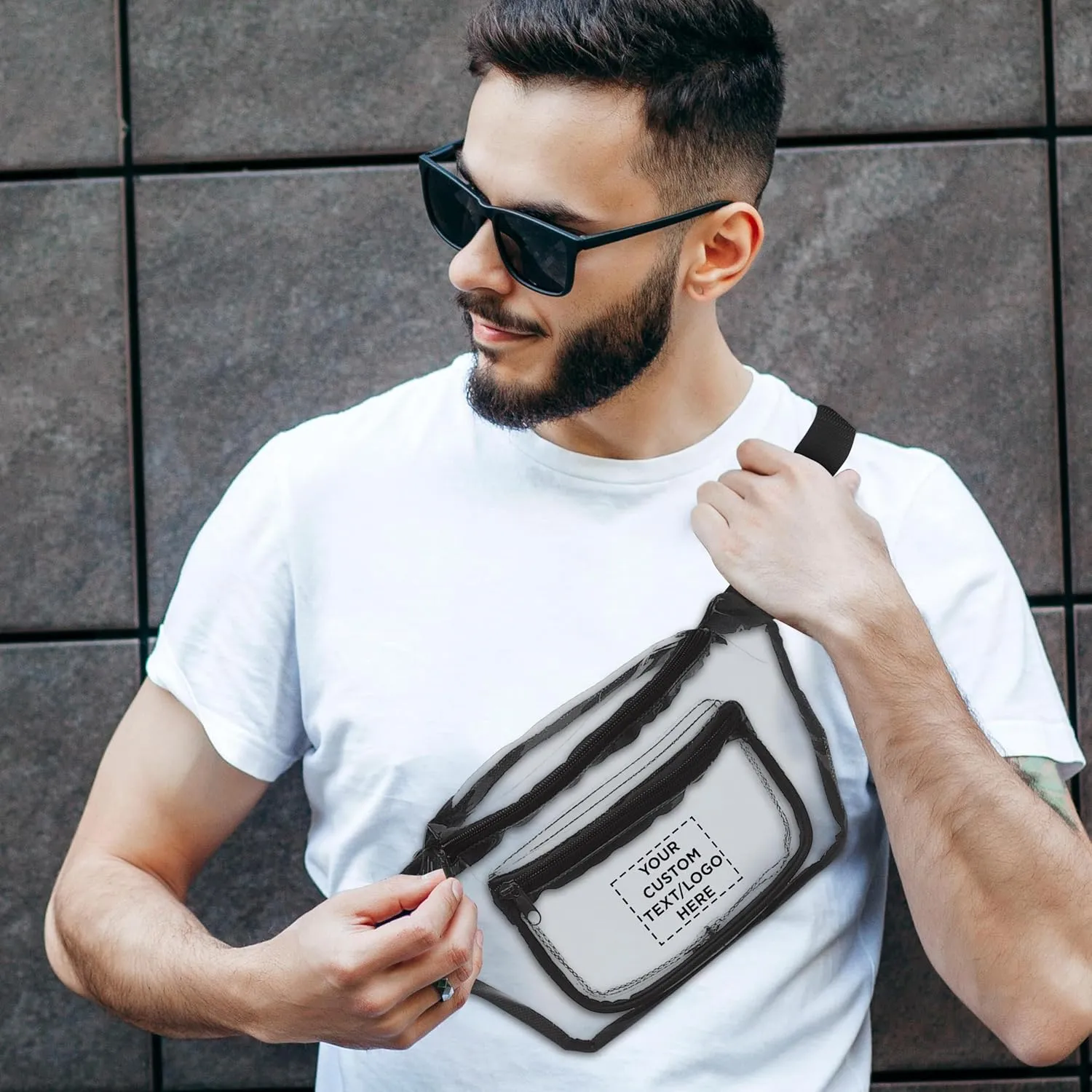 DISCOUNT PROMOS Custom Discover Clear Fanny Packs Set of 100, Personalized Bulk Pack - Great for Running, Cycling, Promotional or Tradeshow - Clear