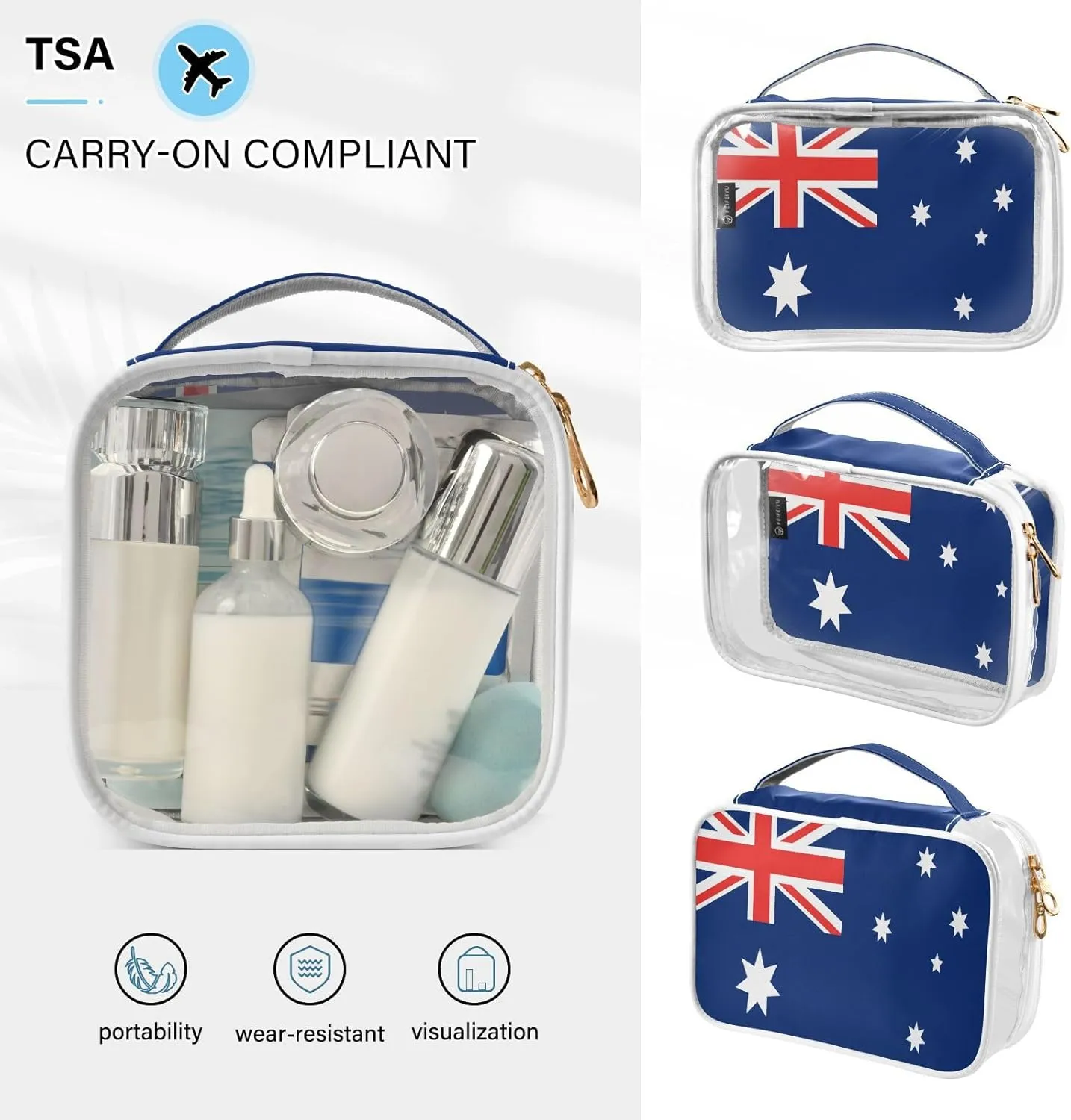 DOMIKING Australia Flag Clear Makeup Bags for Women Men Portable Cosmetic Organizer Pouch Travel Toiletry Storage Bag for Travel Gym Daily